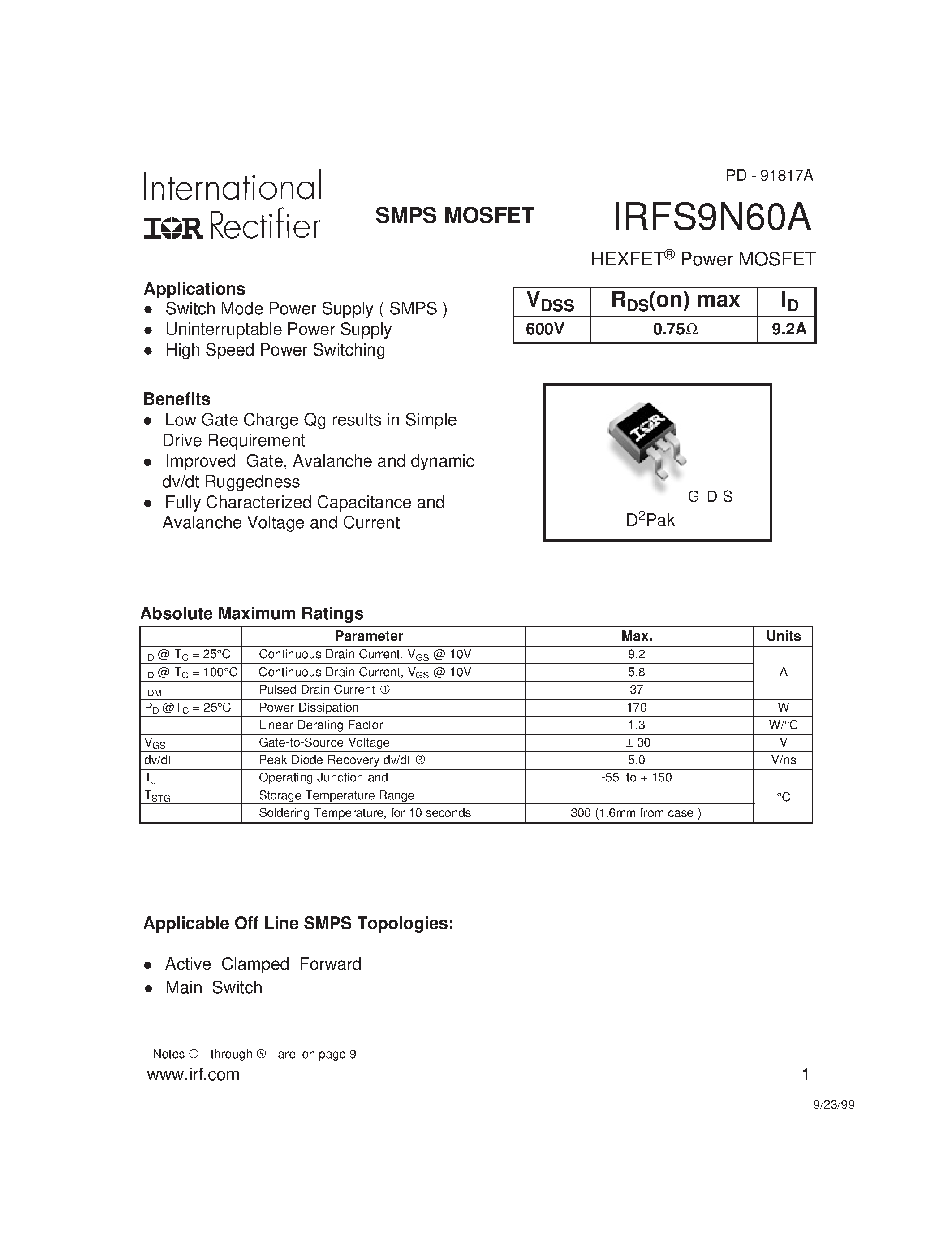 Datasheet IRFS9N60A - SMPS MOSFET page 1