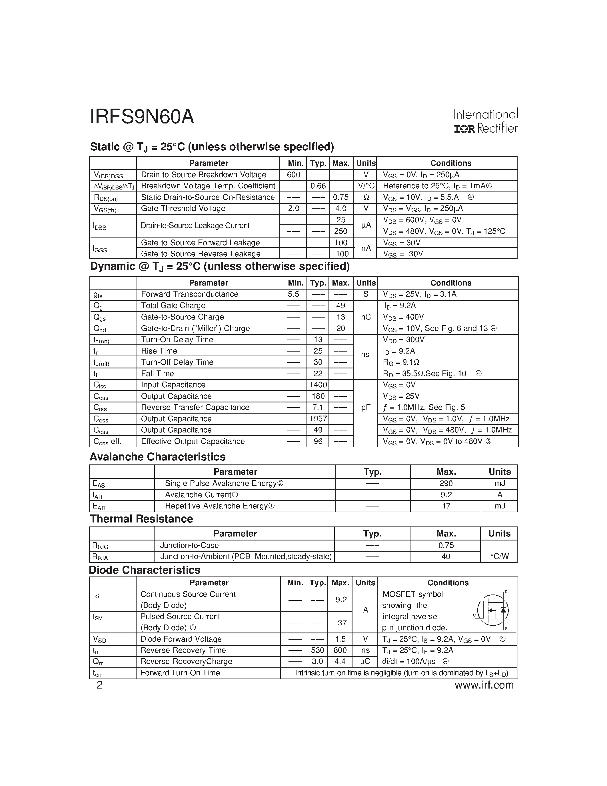 Datasheet IRFS9N60A - SMPS MOSFET page 2