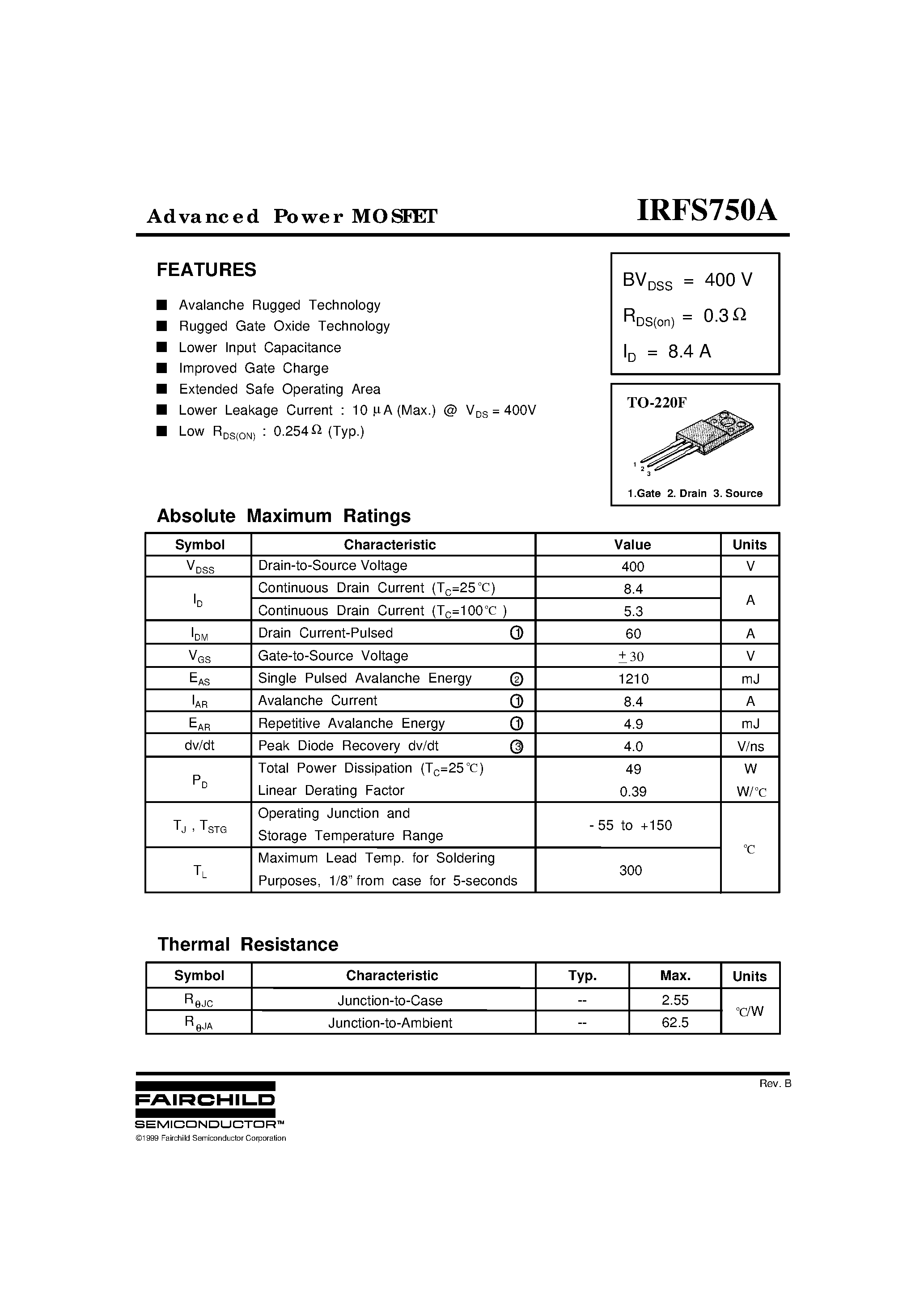 Datasheet IRFS750A - Advanced Power MOSFET page 1