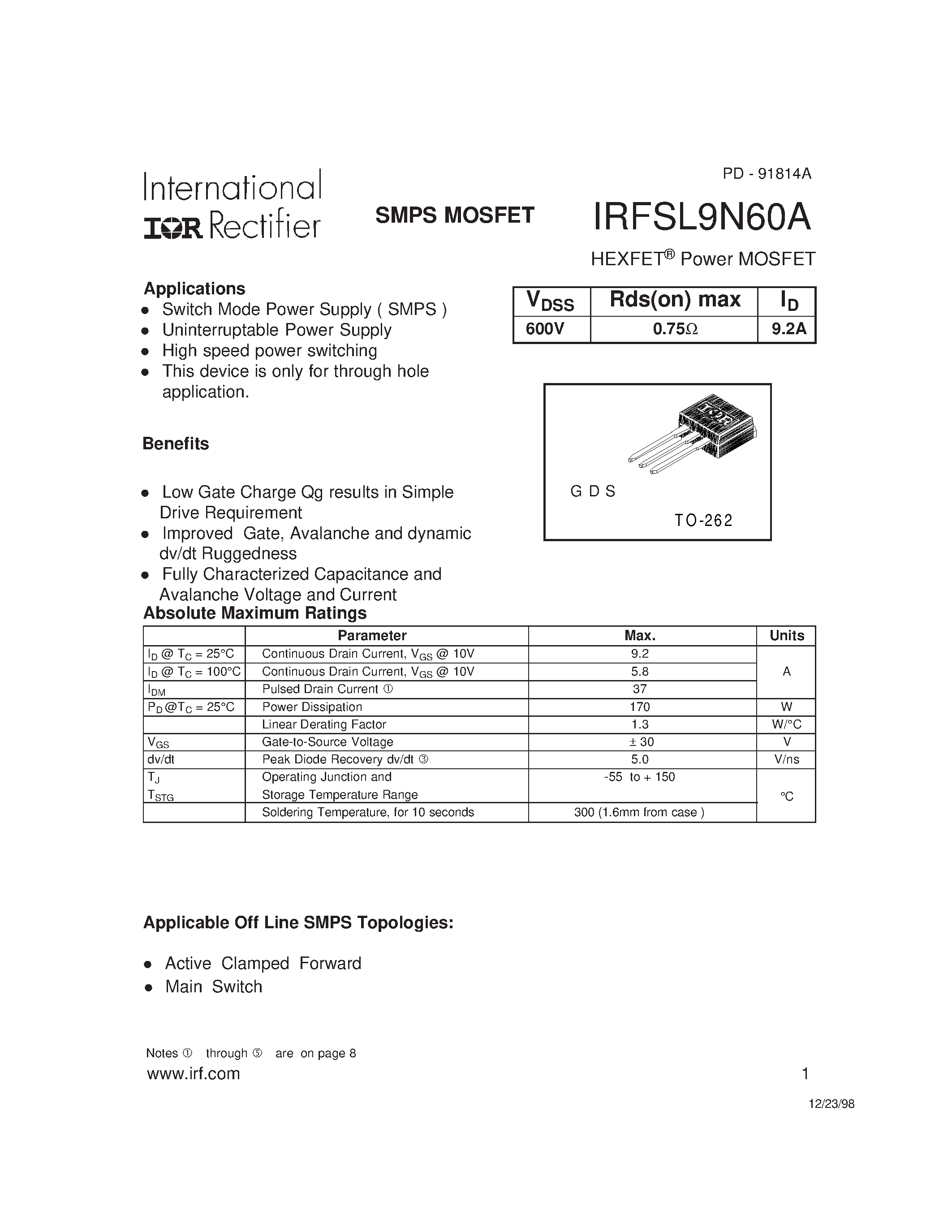 Datasheet IRFSL9N60A page 1 Datasheet IRFSL9N60A - SMPS MOSFET page 1
