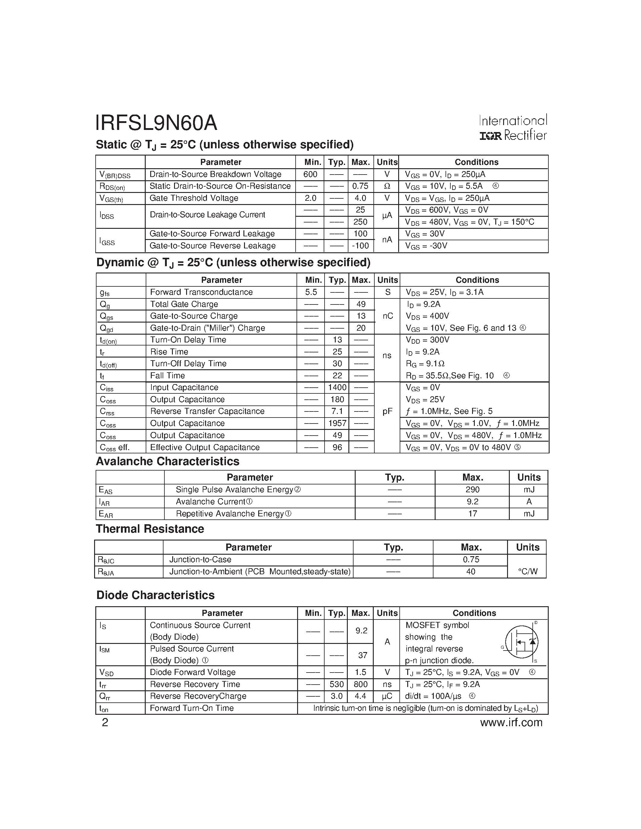 Datasheet IRFSL9N60A page 2 Datasheet IRFSL9N60A - SMPS MOSFET page 2