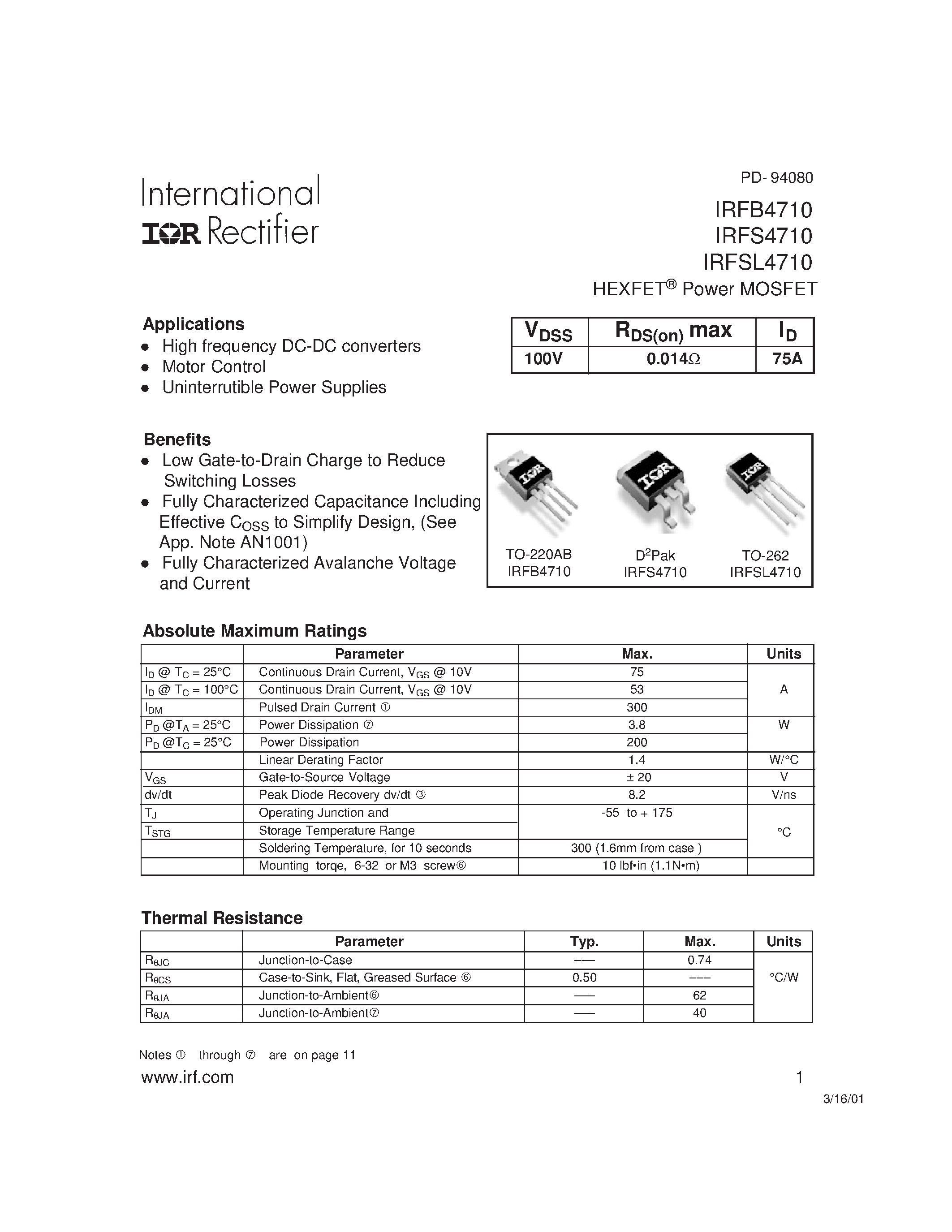 Datasheet IRFSL4710 - Power MOSFET page 1