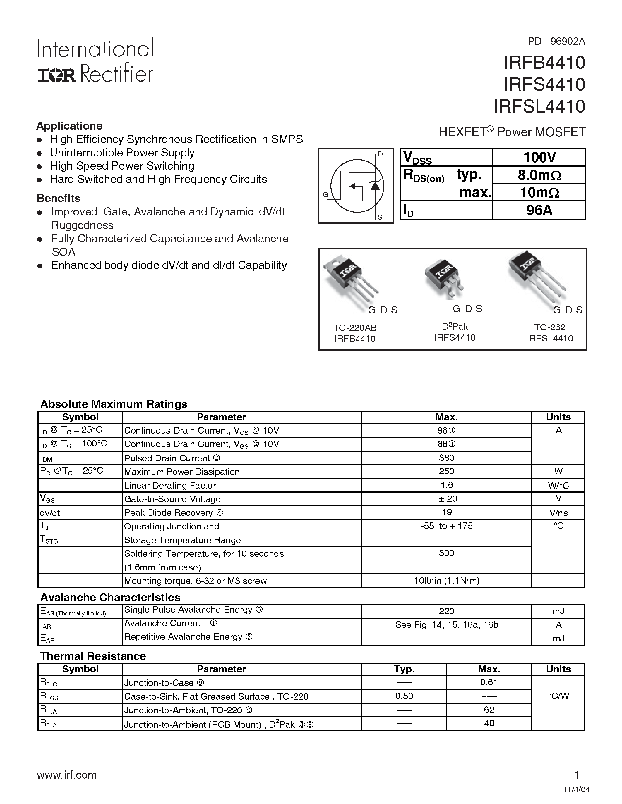 Datasheet IRFSL4410 - HEXFET Power MOSFET page 1