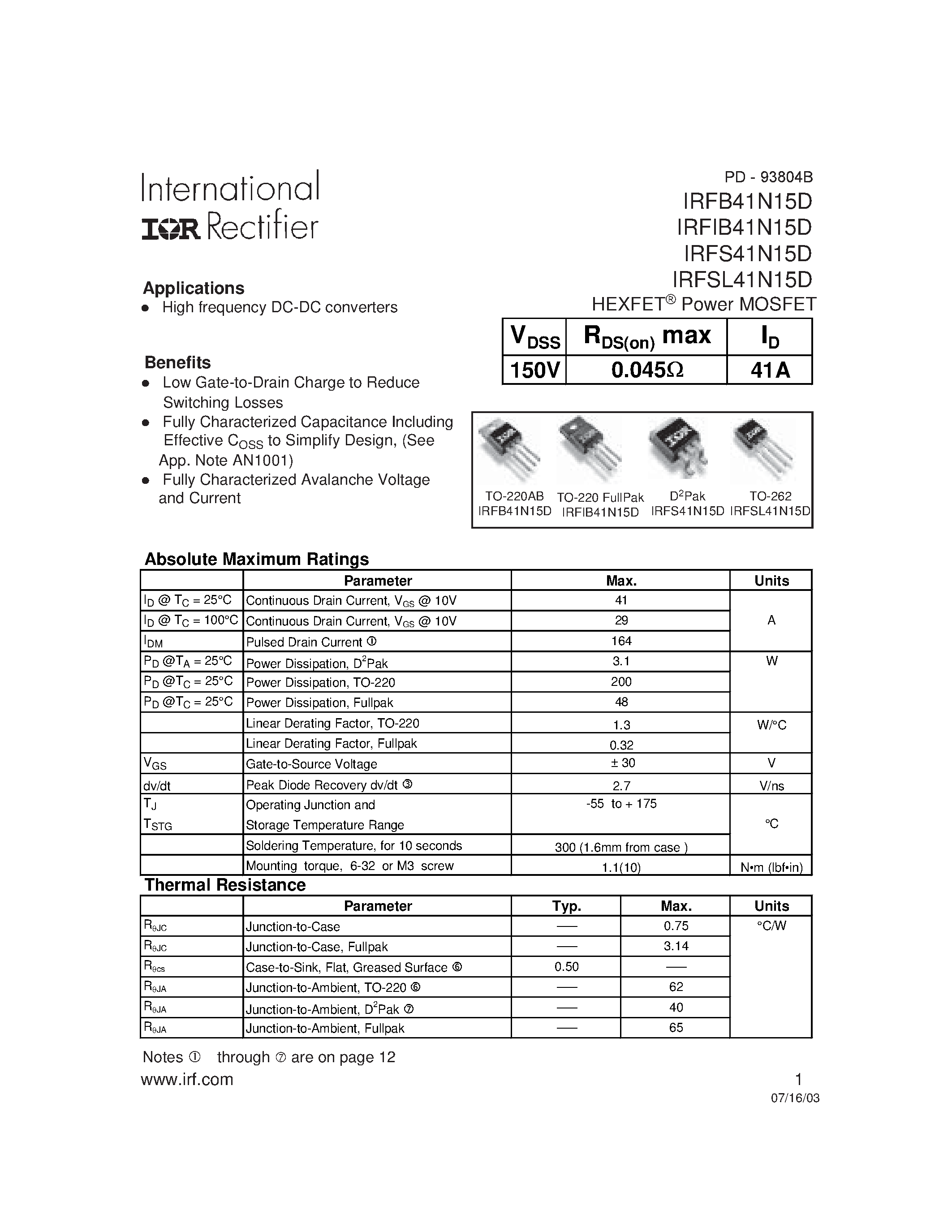 Datasheet IRFSL41N15D - HEXFET Power MOSFET page 1