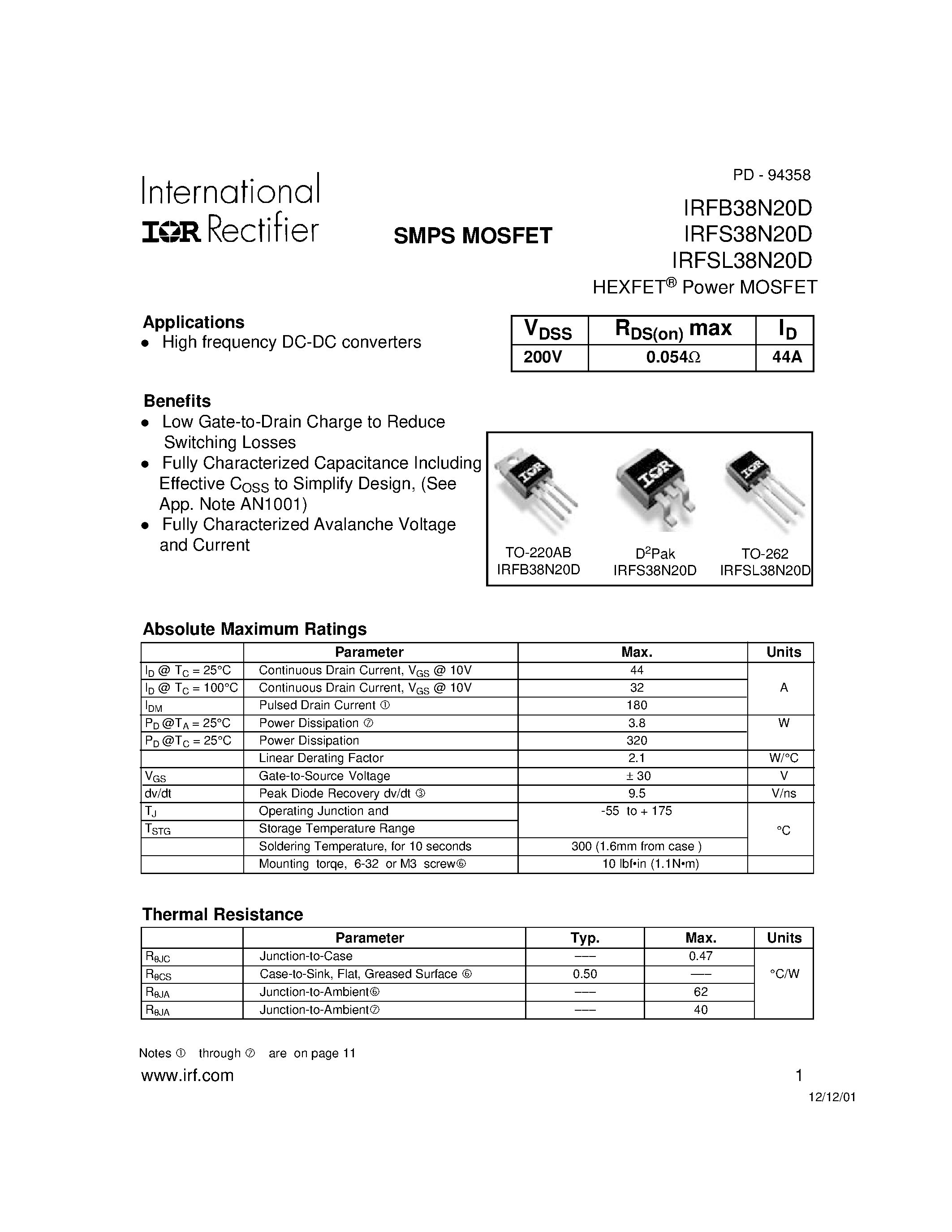 Datasheet IRFSL38N20D - Power MOSFET page 1