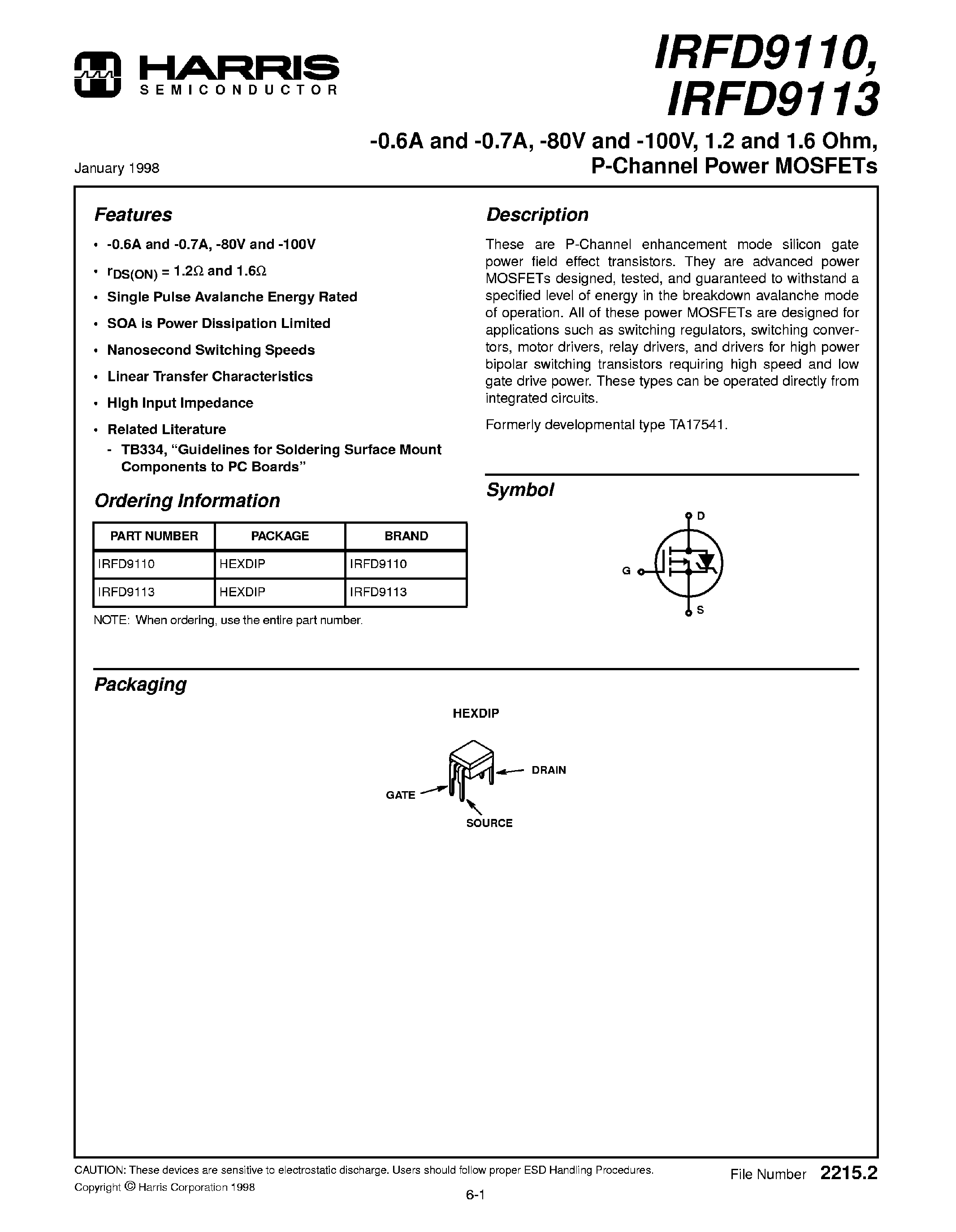 Datasheet IRFD9113 page 1 Datasheet IRFD9113 - (IRFD9110) P Channel Power MOSFET page 1