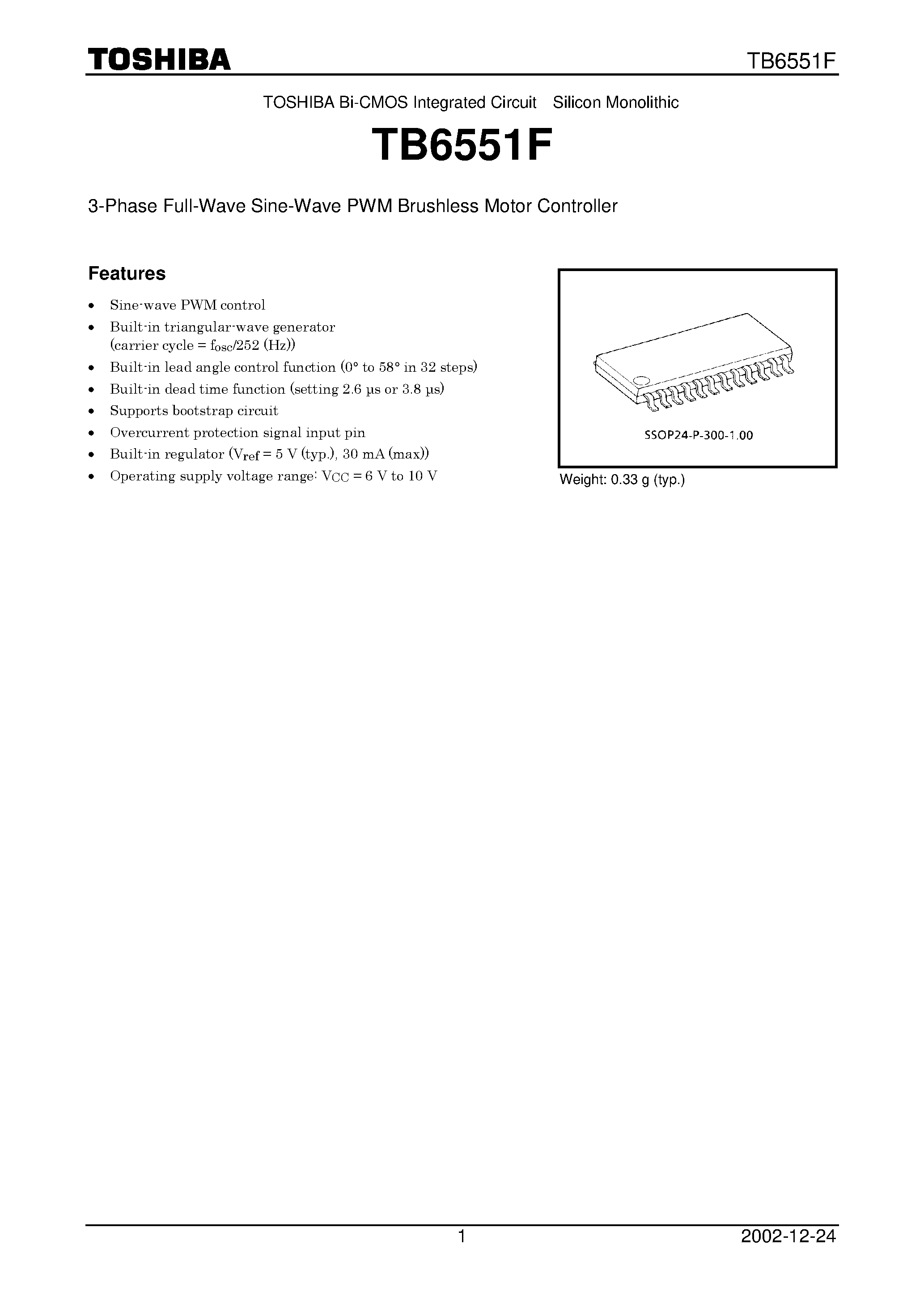 Datasheet TB6551F - 3-Phase Full-Wave Sine-Wave PWM Brushless Motor Controller page 1