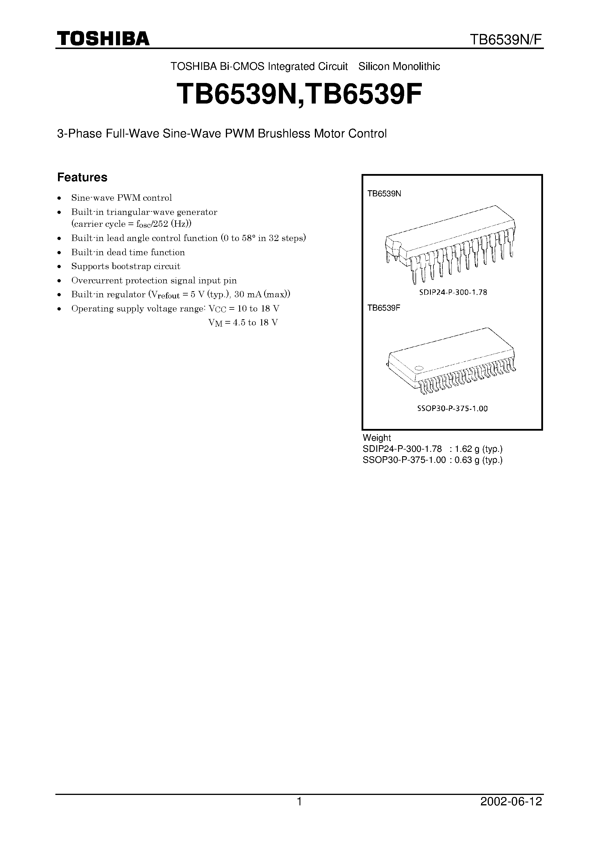 Datasheet TB6539 - 3-Phase Full-Wave Sine-Wave PWM Brushless Motor Controller page 1