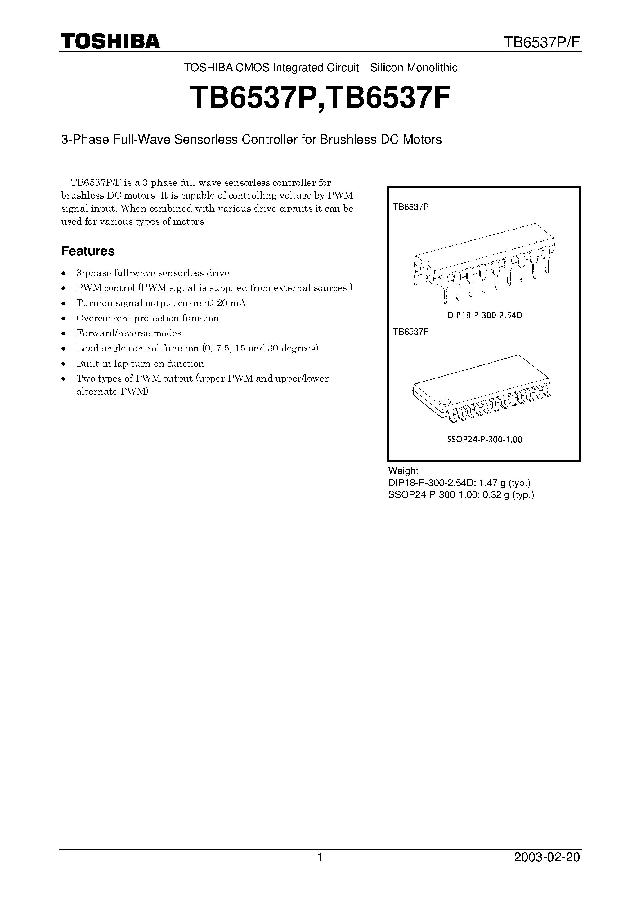 Datasheet TB6537 - 3-Phase Full-Wave Sensorless Controller for Brushless DC Motors page 1