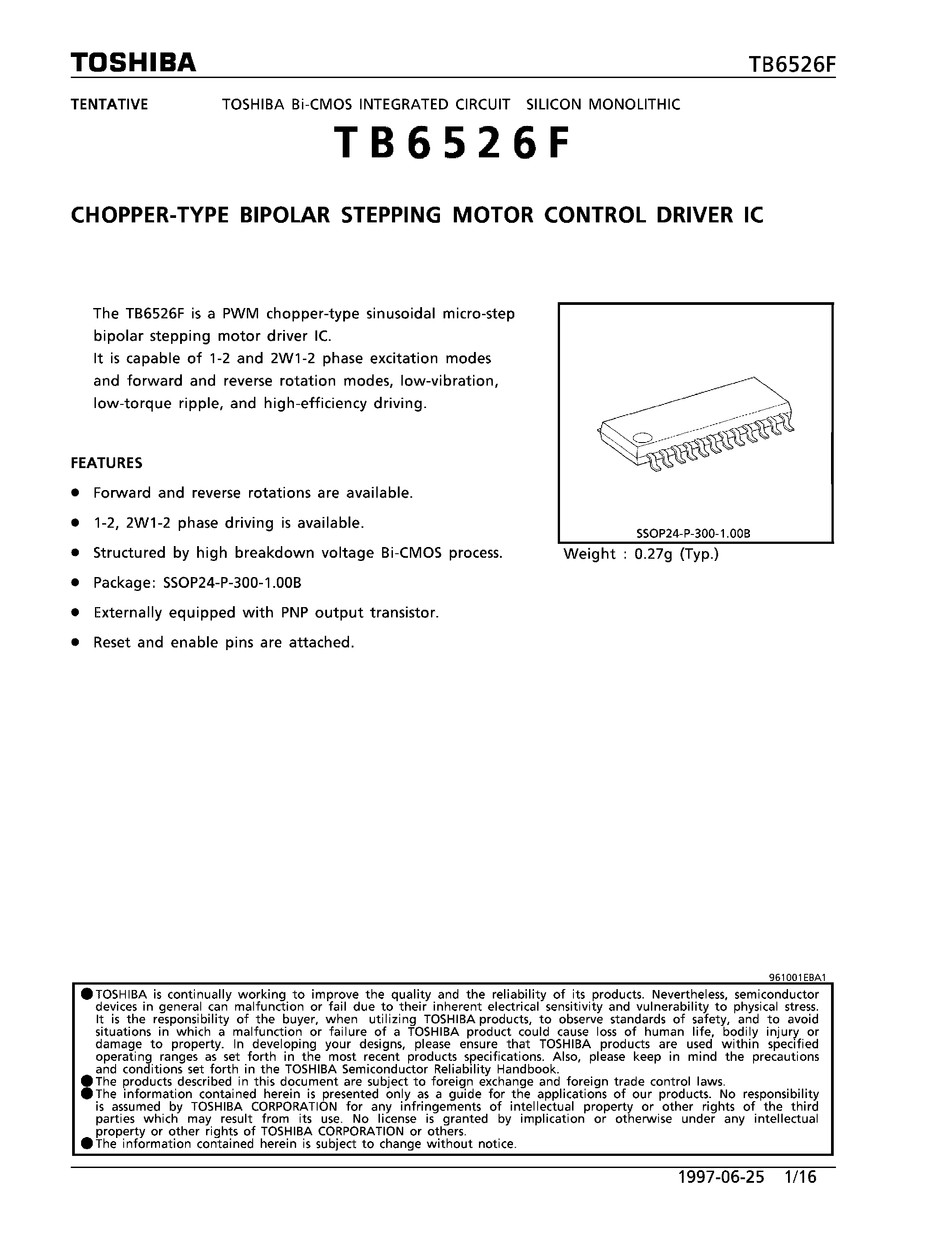Даташит TB6526F - CHOPPER-TYPE BIPOLAR STEPPING MOTOR CONTROL DRIVER IC страница 1