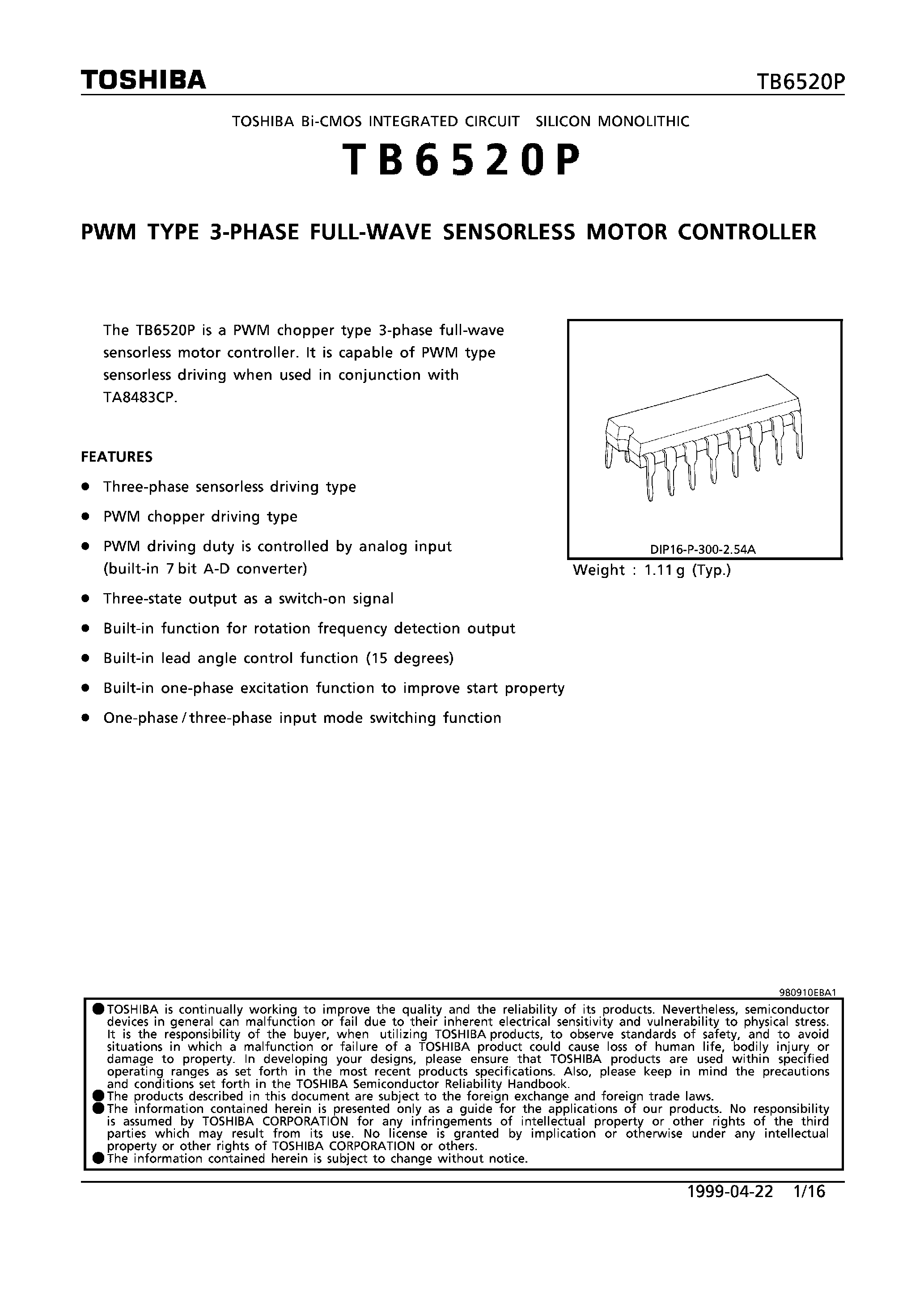 Datasheet TB6520P - PWM TYPE 3-PHASE FULL-WAVE SENSORSESS MOTOR CONTROLLER page 1