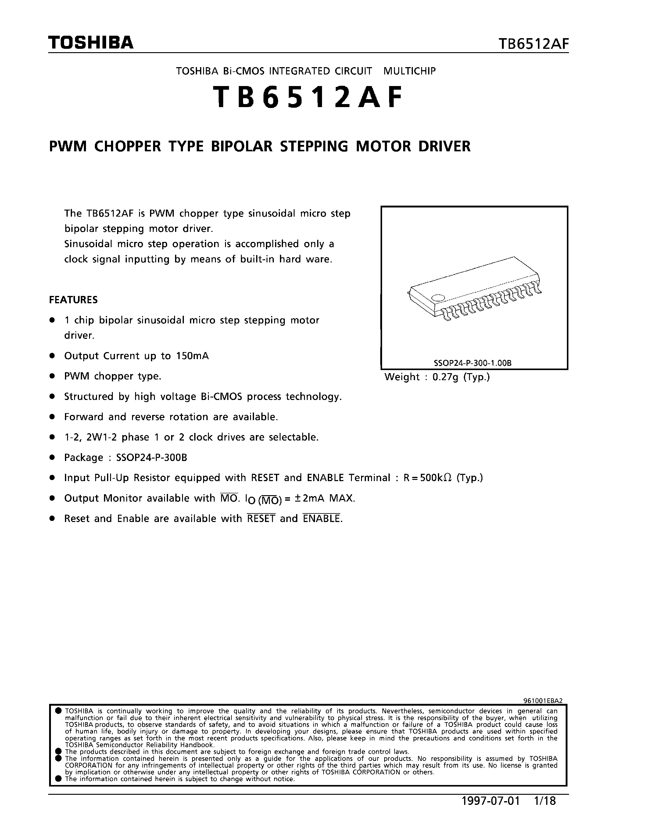 Даташит TB6512AF - PWM CHOPPER TYPE BIPOLAR STEPPING MOTOR DRIVER страница 1