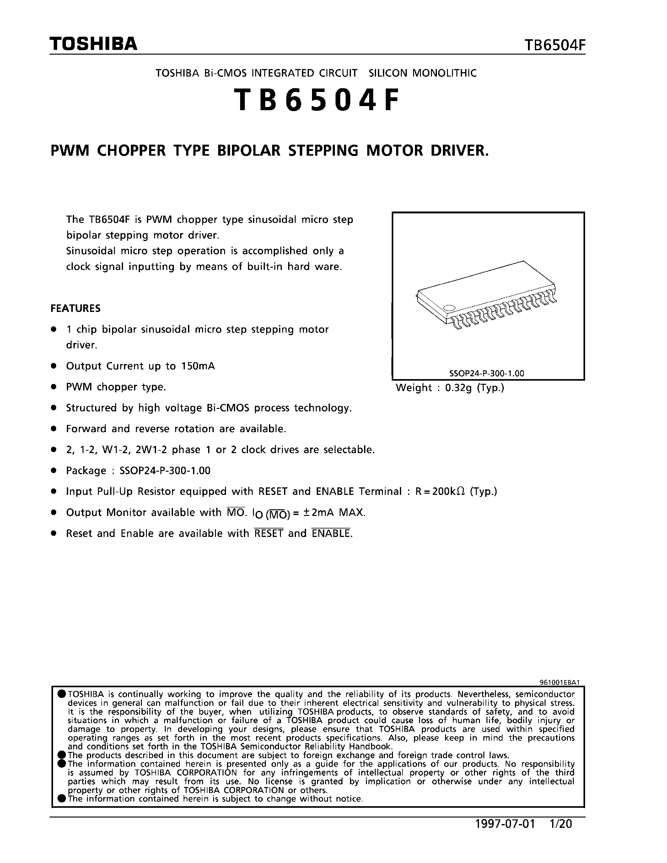 Даташит TB6504F - PWM CHOPPER TYPE BIPOLAR STEPPING MOTOR DRIVER страница 1