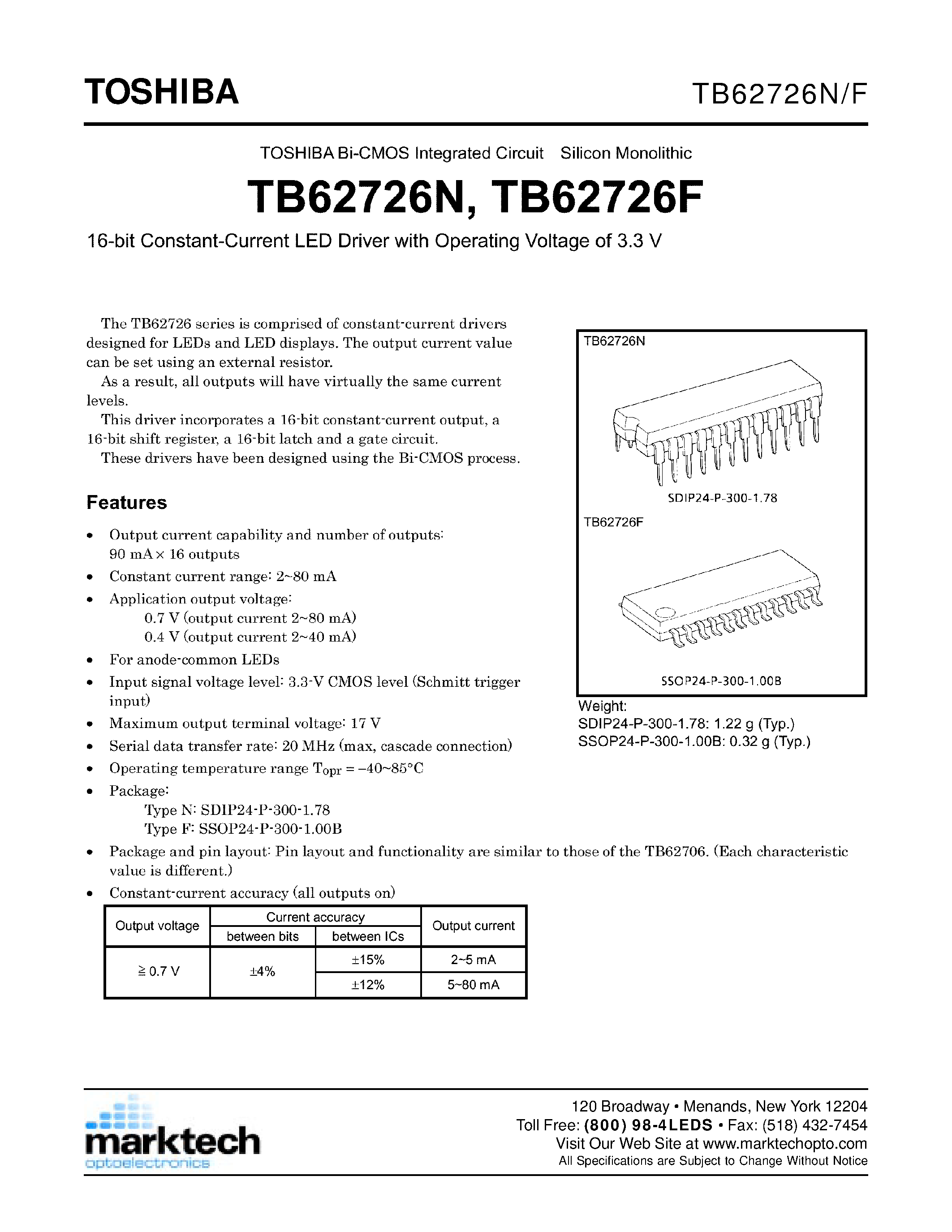 Даташит TB62726N - 16 BIT CONSTANT CURRENT LED DRIVER WITH OPERATING VOLTAGE OF 3.3 V страница 1