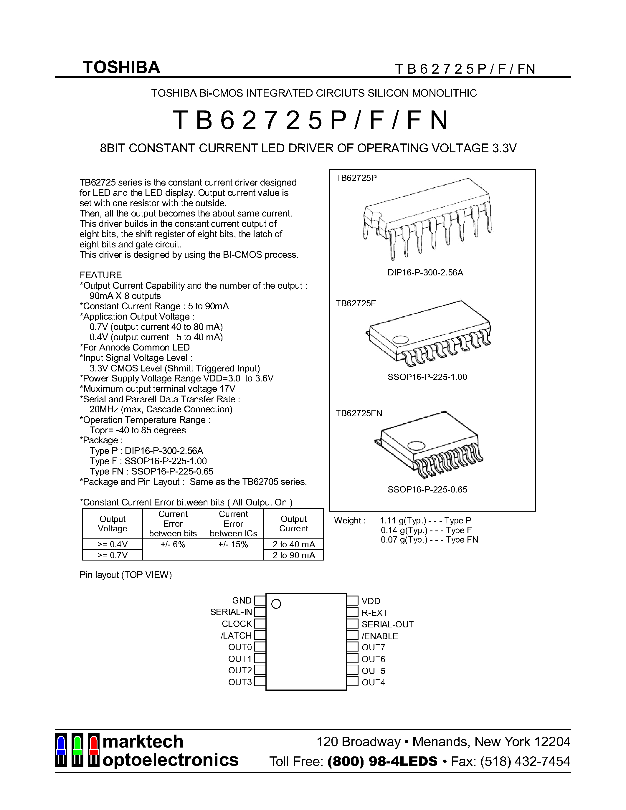 Datasheet TB62725 - 8BIT CONSTANT CURRENT LED DRIVER OF OPERATING VOLTAGE 3.3V page 1