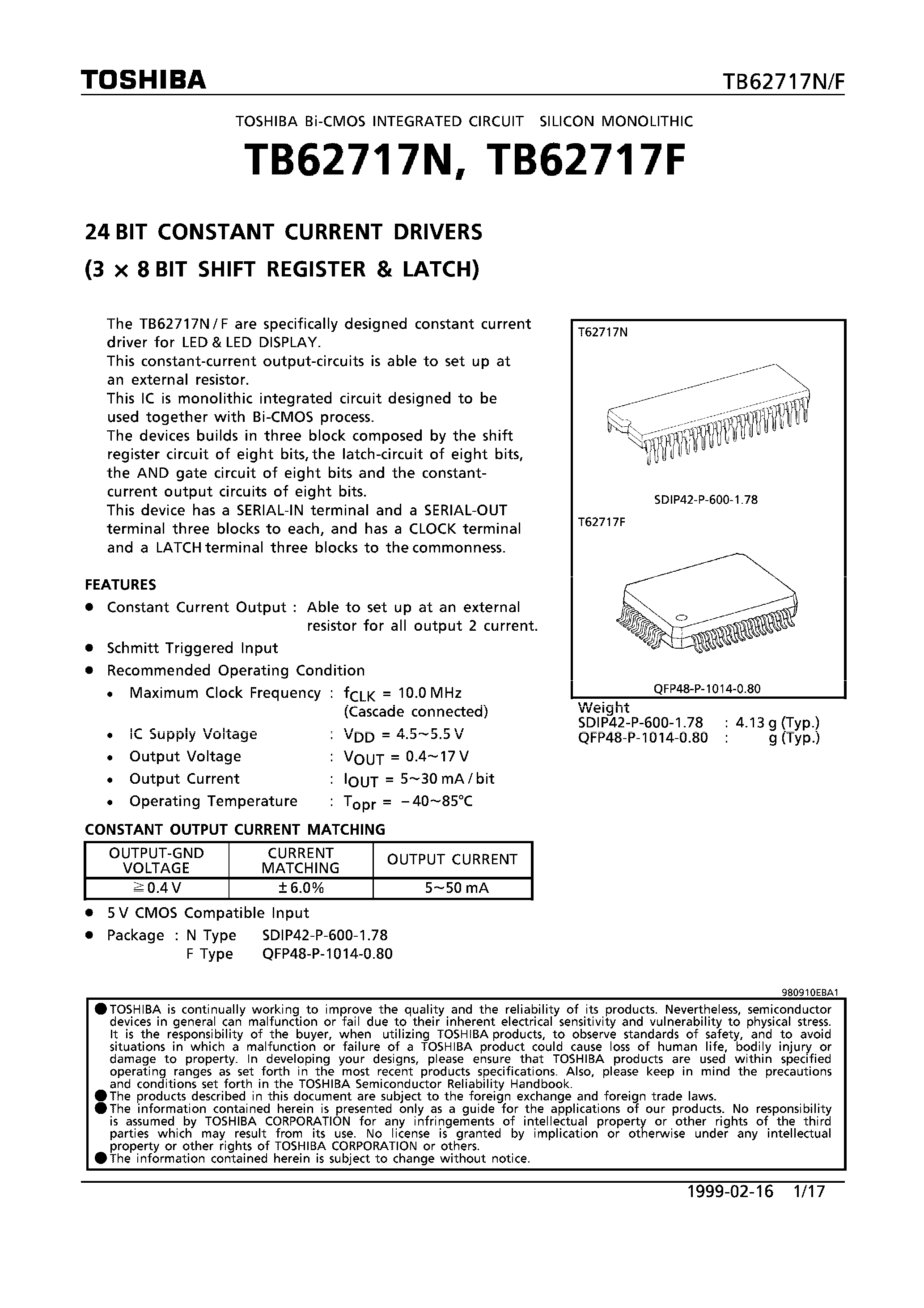 Даташит TB62717 - 24 BIT CONSTANT CURRENT DRIVERS (3 x 8 BIT SHIFT REGISTER & LATCH) страница 1