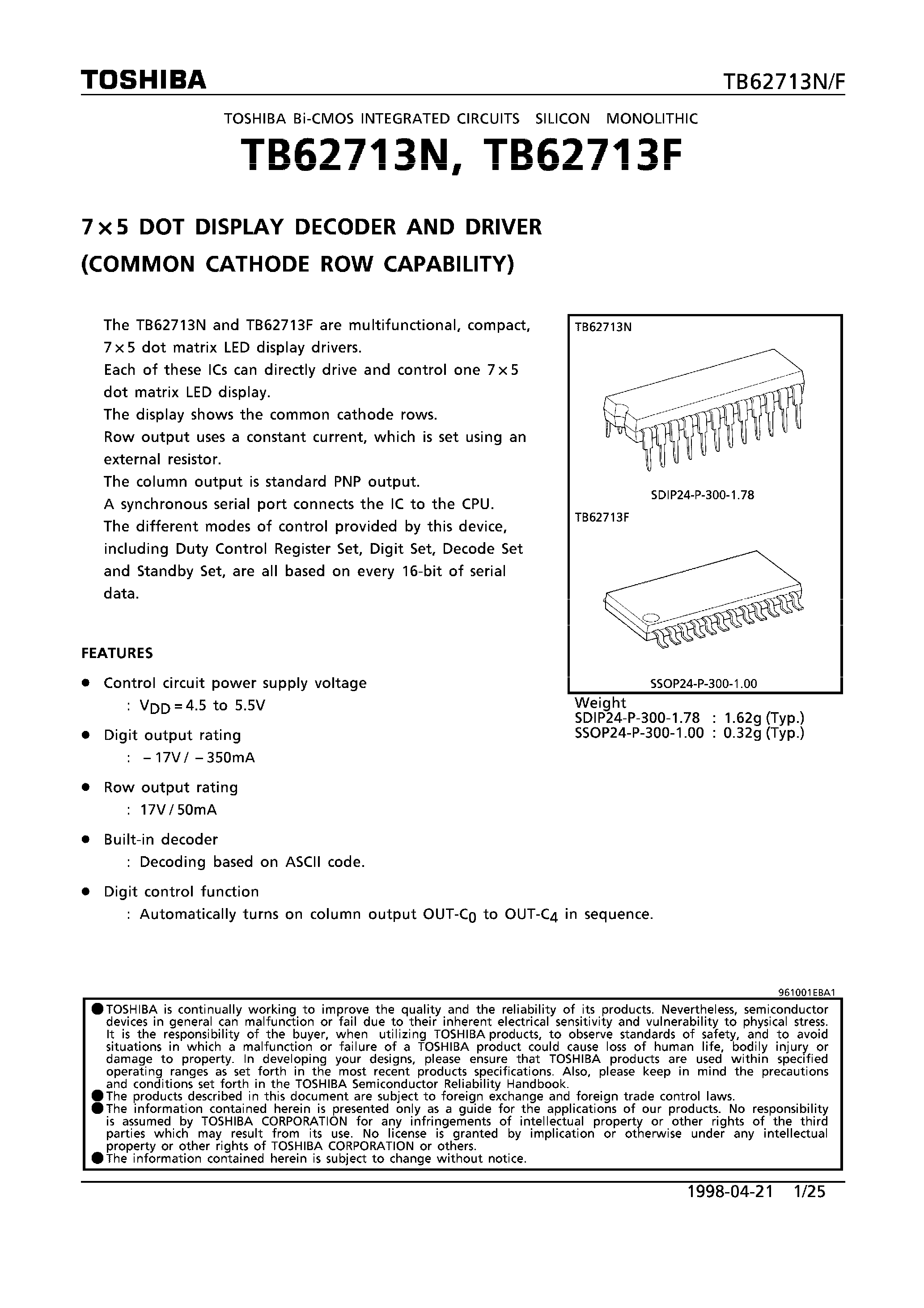 Даташит TB62713 - 7 x 5 DOT DISPLAY DECODER AND DRIVER страница 1