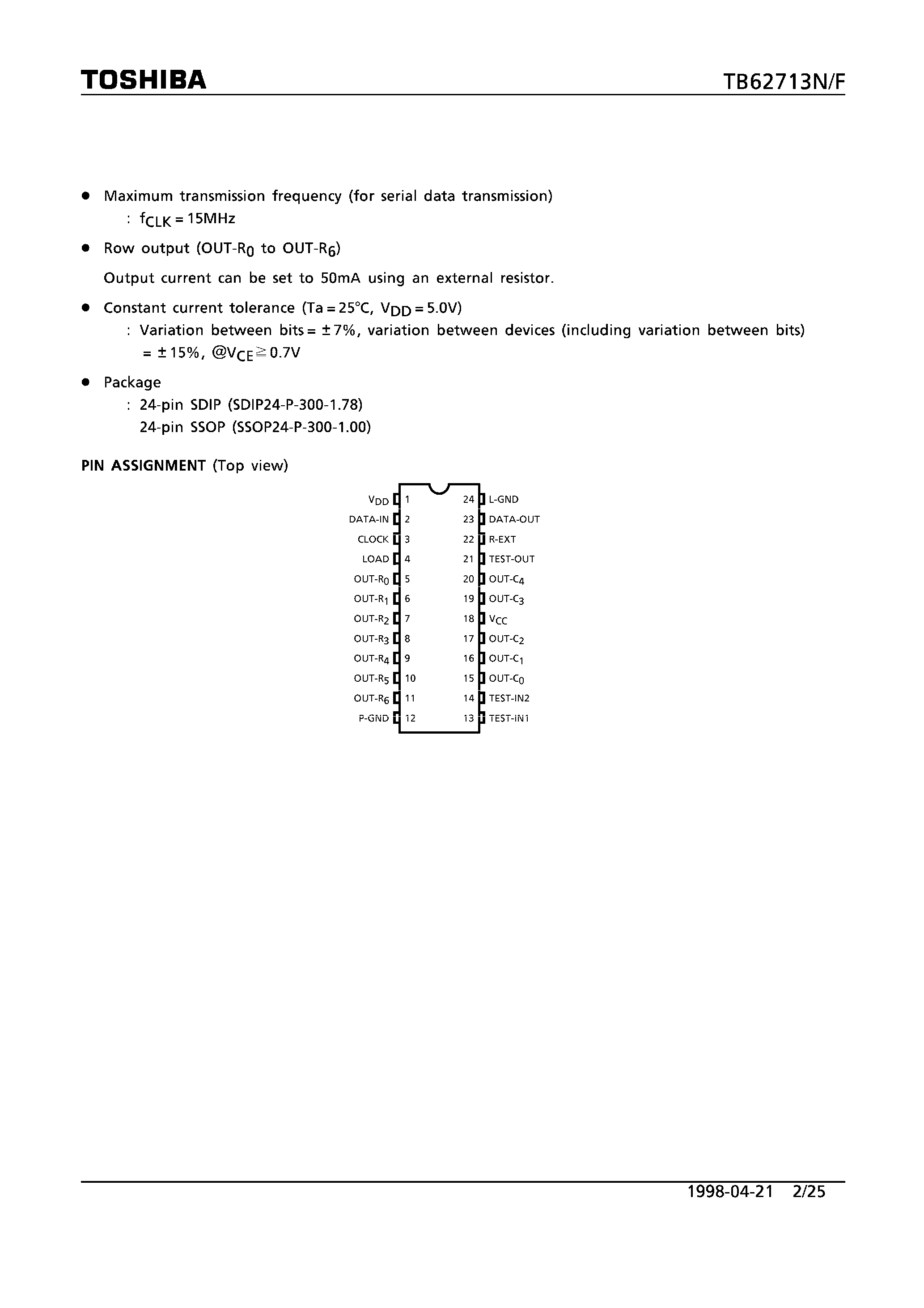 Даташит TB62713 - 7 x 5 DOT DISPLAY DECODER AND DRIVER страница 2