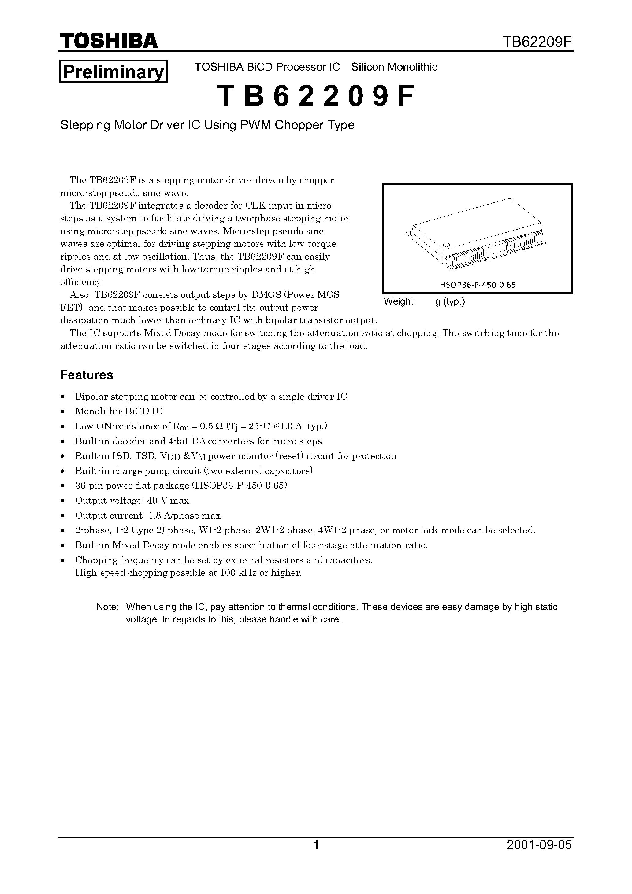 Даташит TB62209F - Stepping Motor Driver IC Using PWM Chopper Type страница 1