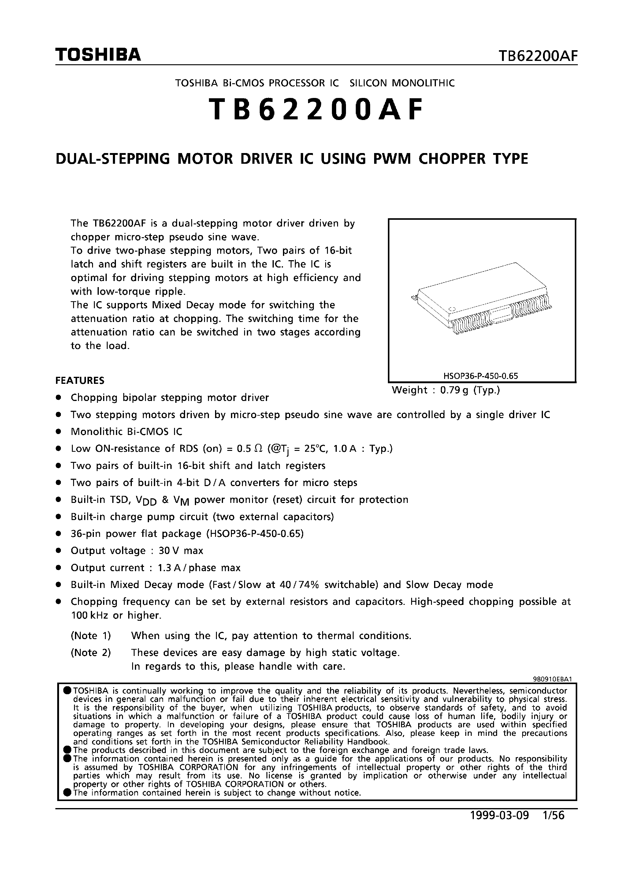 Даташит TB62200AF - DUAL-STEPPING MOTOR DRIVER IC USING PWM CHOPPER TYPE страница 1