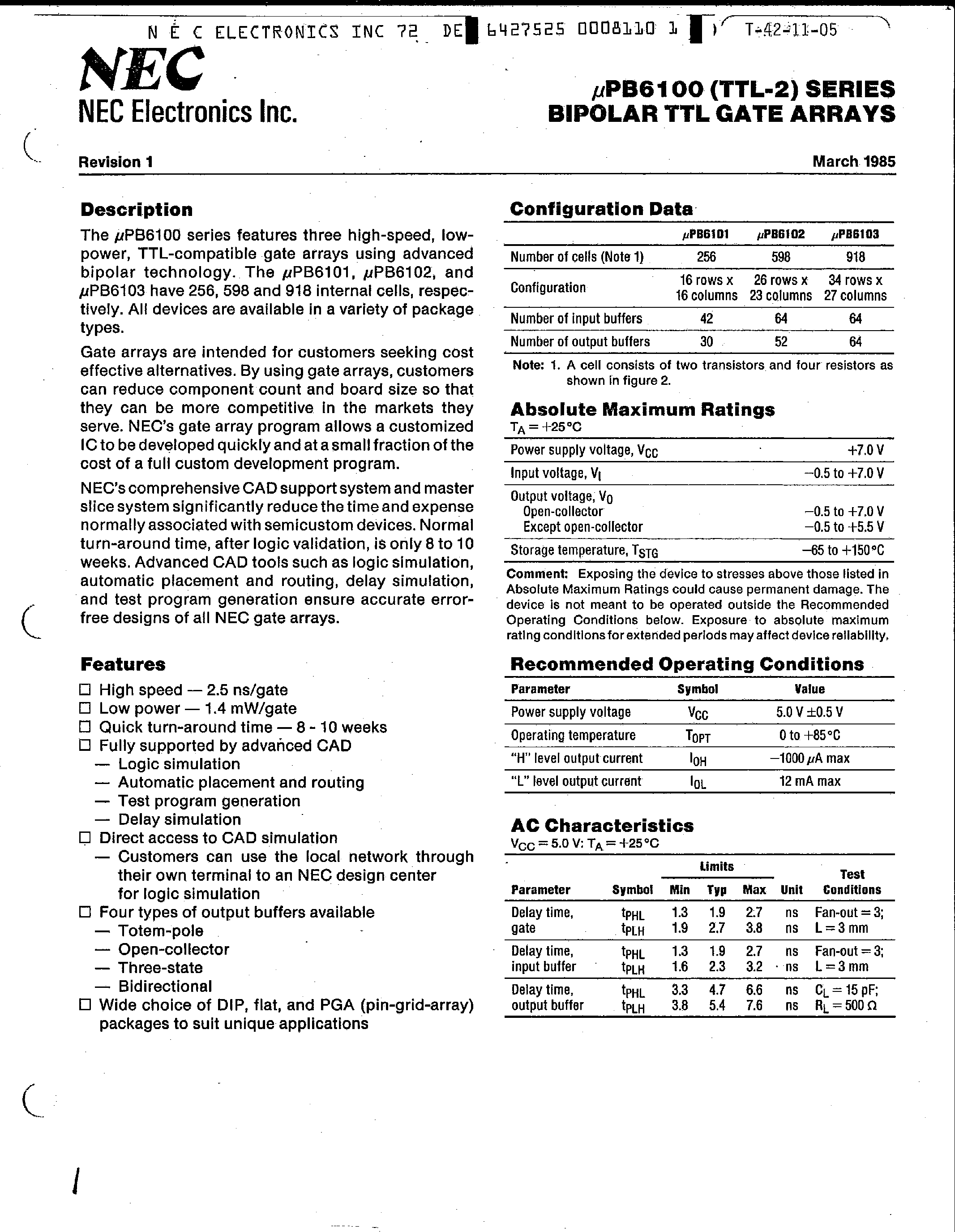 Datasheet B6101 - (UPB6100 Series) Bipolar TTL Gate Arrays page 1