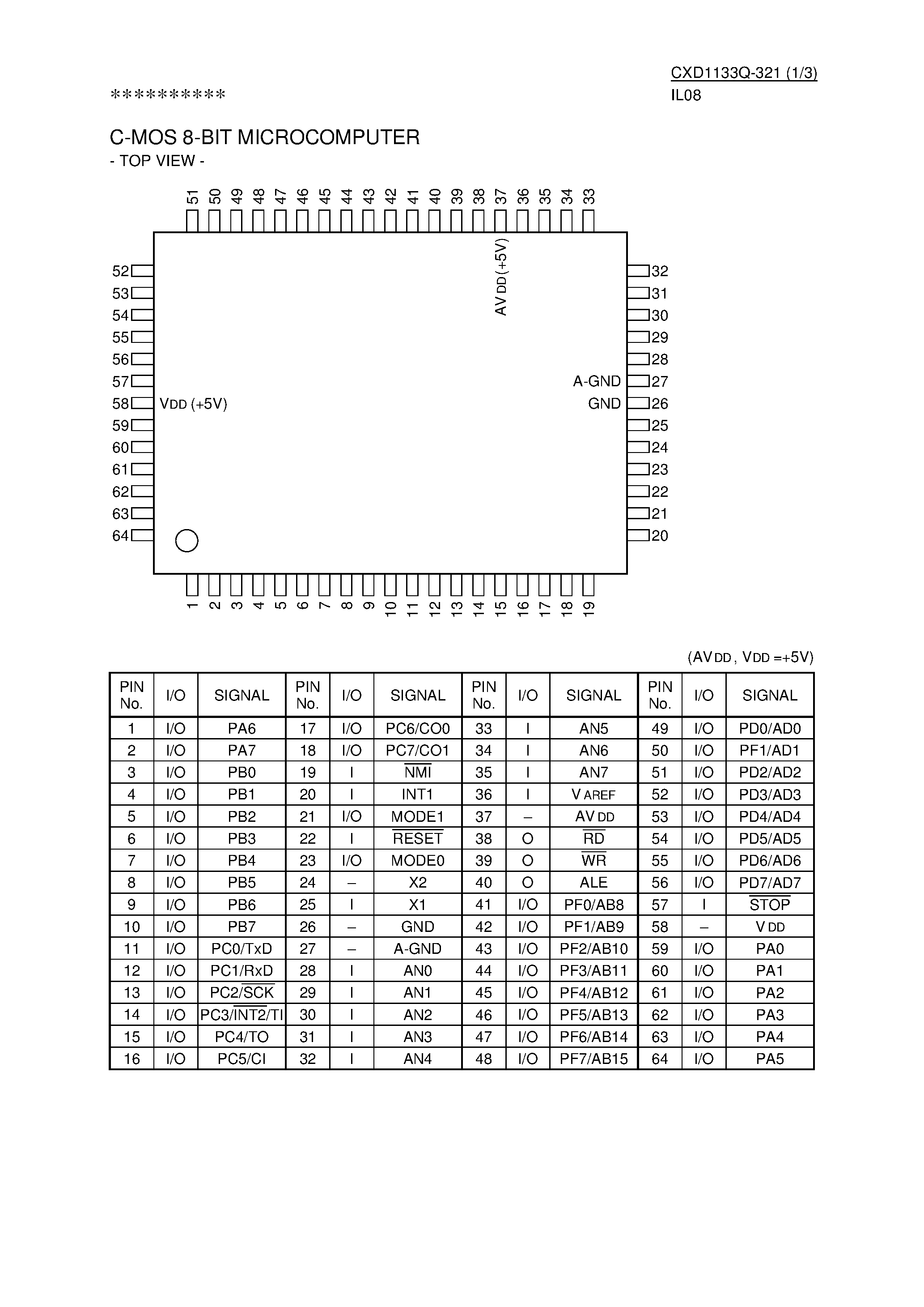 Даташит CXD1133Q-321 - CMOS 8 Bit Microcomputer страница 1