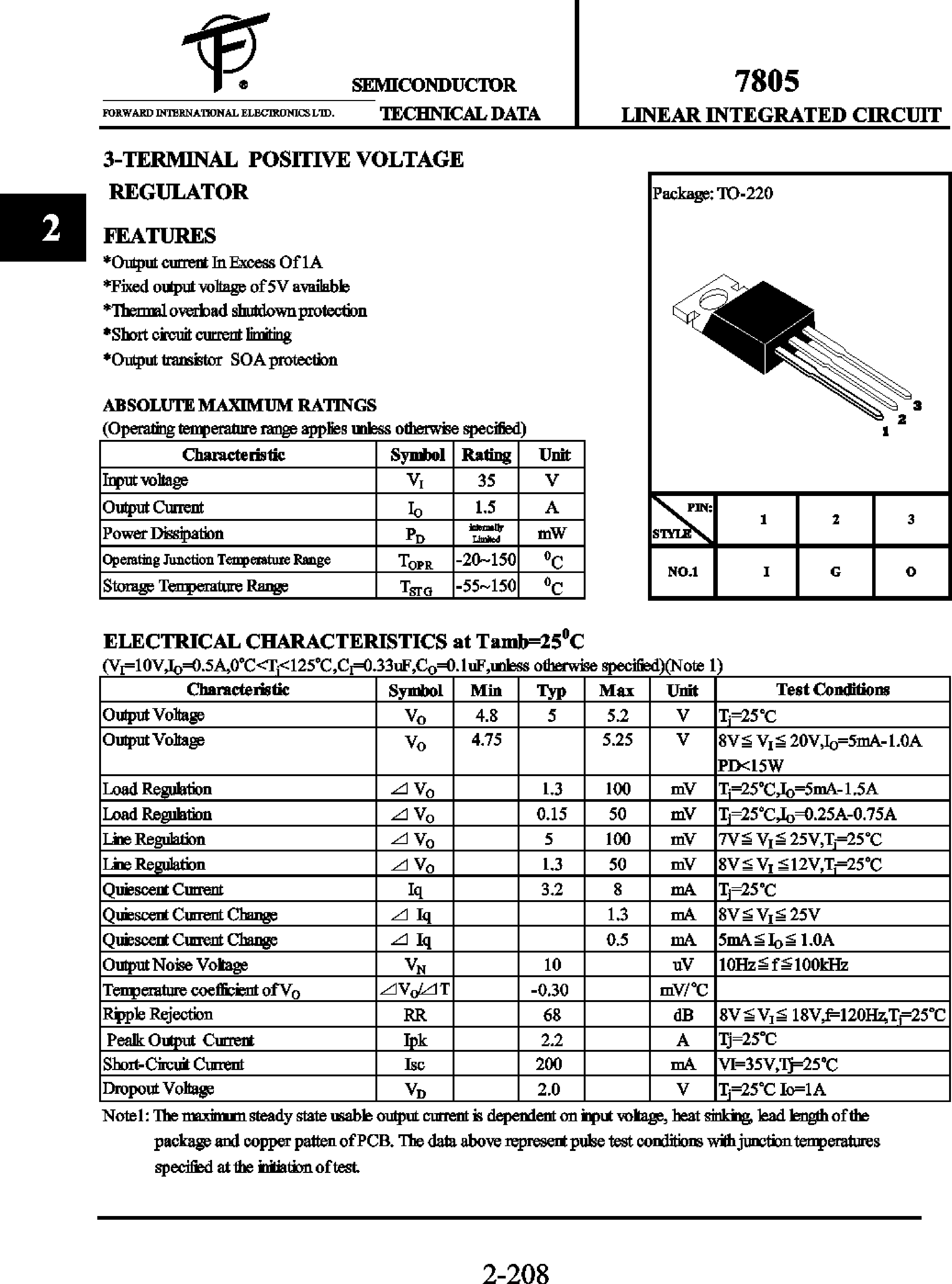 Datasheet 7805 - 3 Terminal Positive Voltage Regulator page 1
