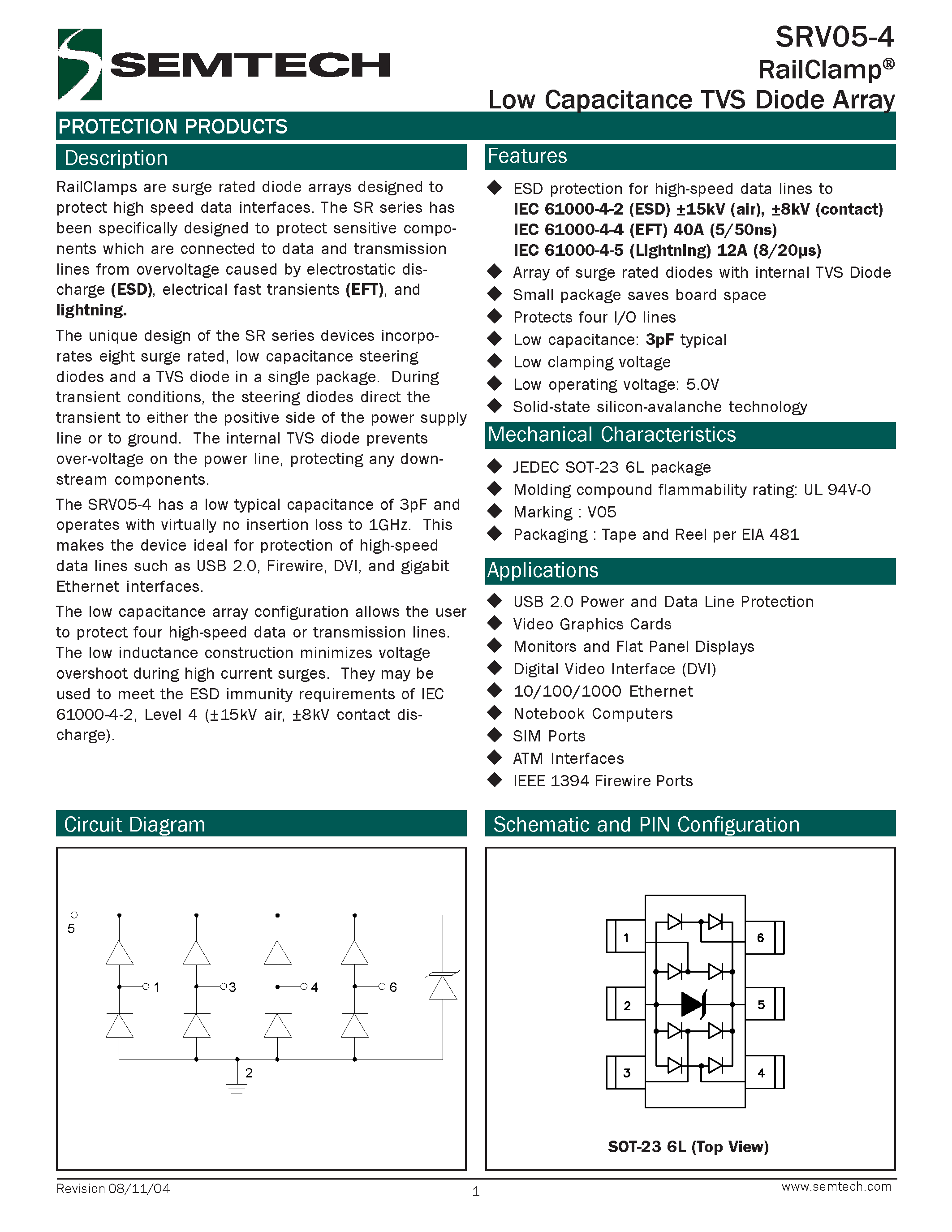 Datasheet SRV05-4 - Low Capacitance TVs Diode Array page 1