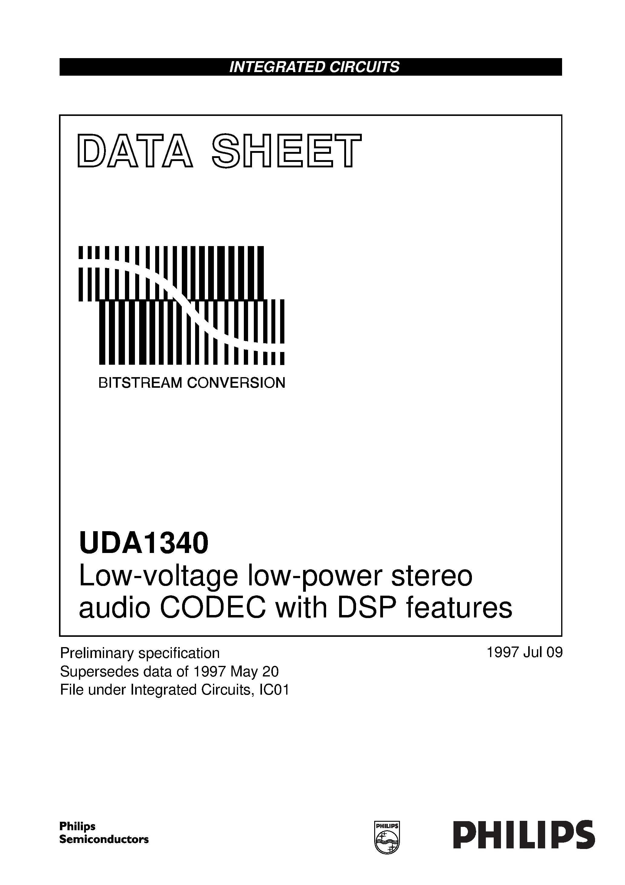 Даташит UDA1340 - Low-voltage low-power stereo audio CODEC with DSP features страница 1