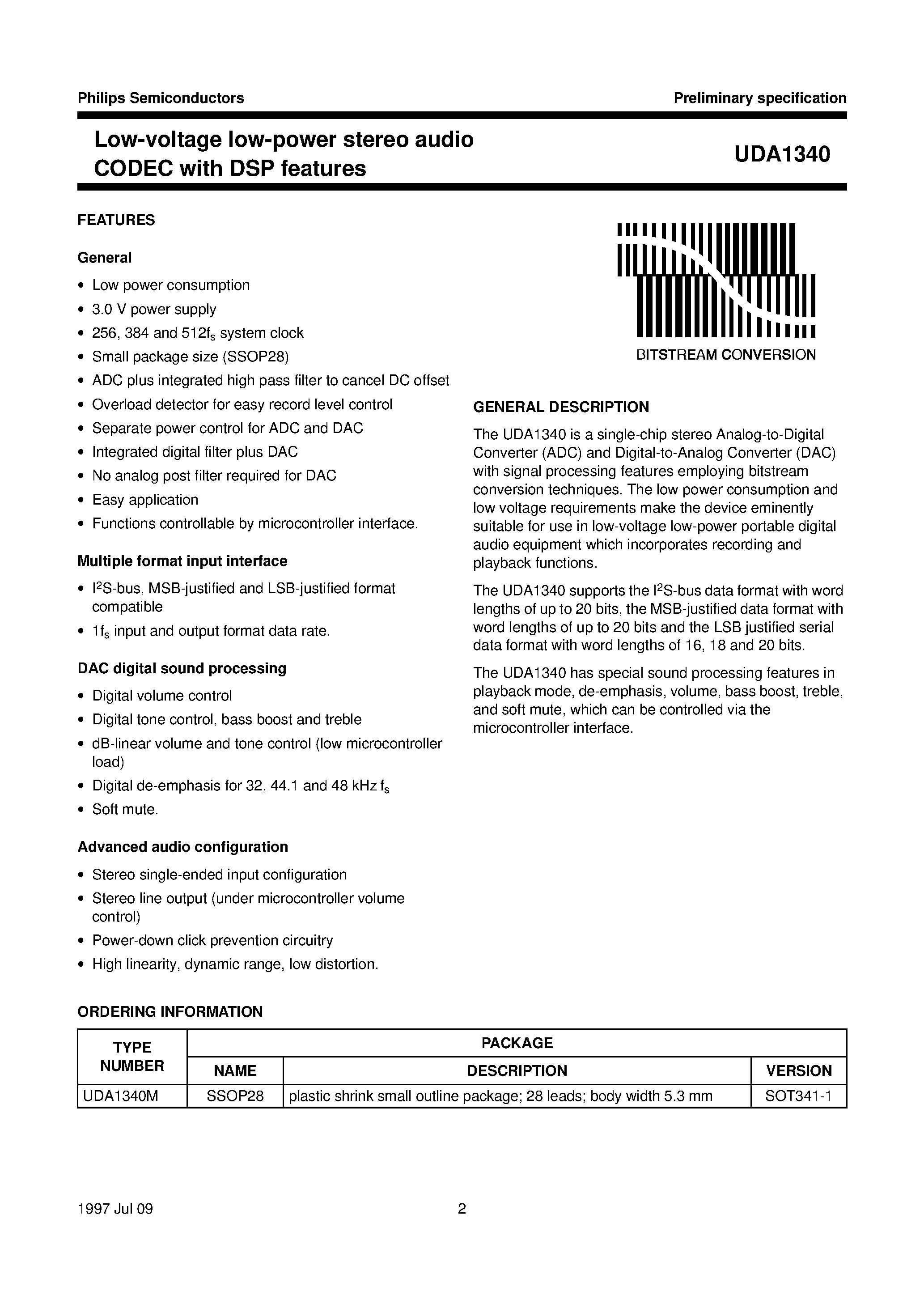 Даташит UDA1340 - Low-voltage low-power stereo audio CODEC with DSP features страница 2