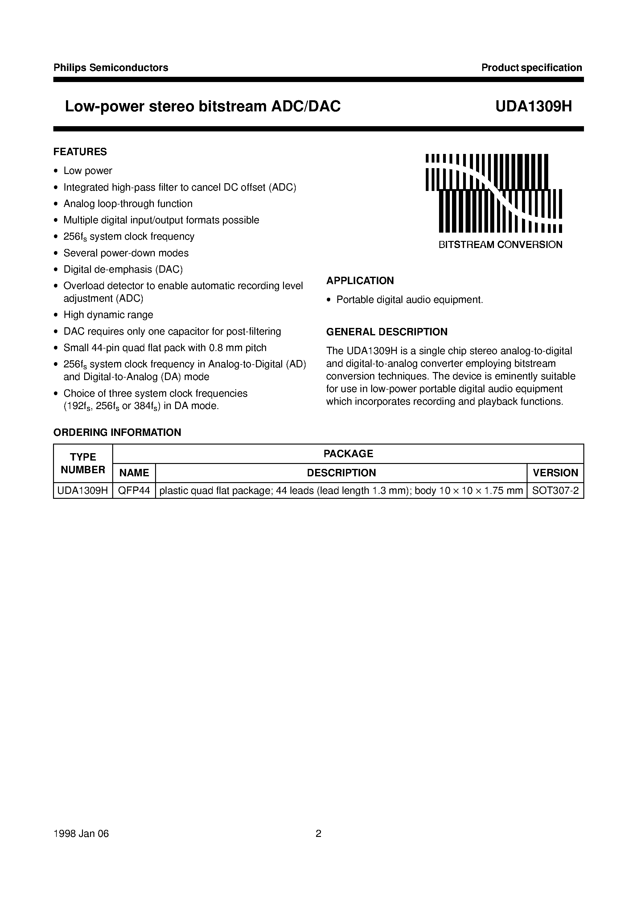 Datasheet UDA1309H - Low-power stereo bitstream ADC/DAC page 2
