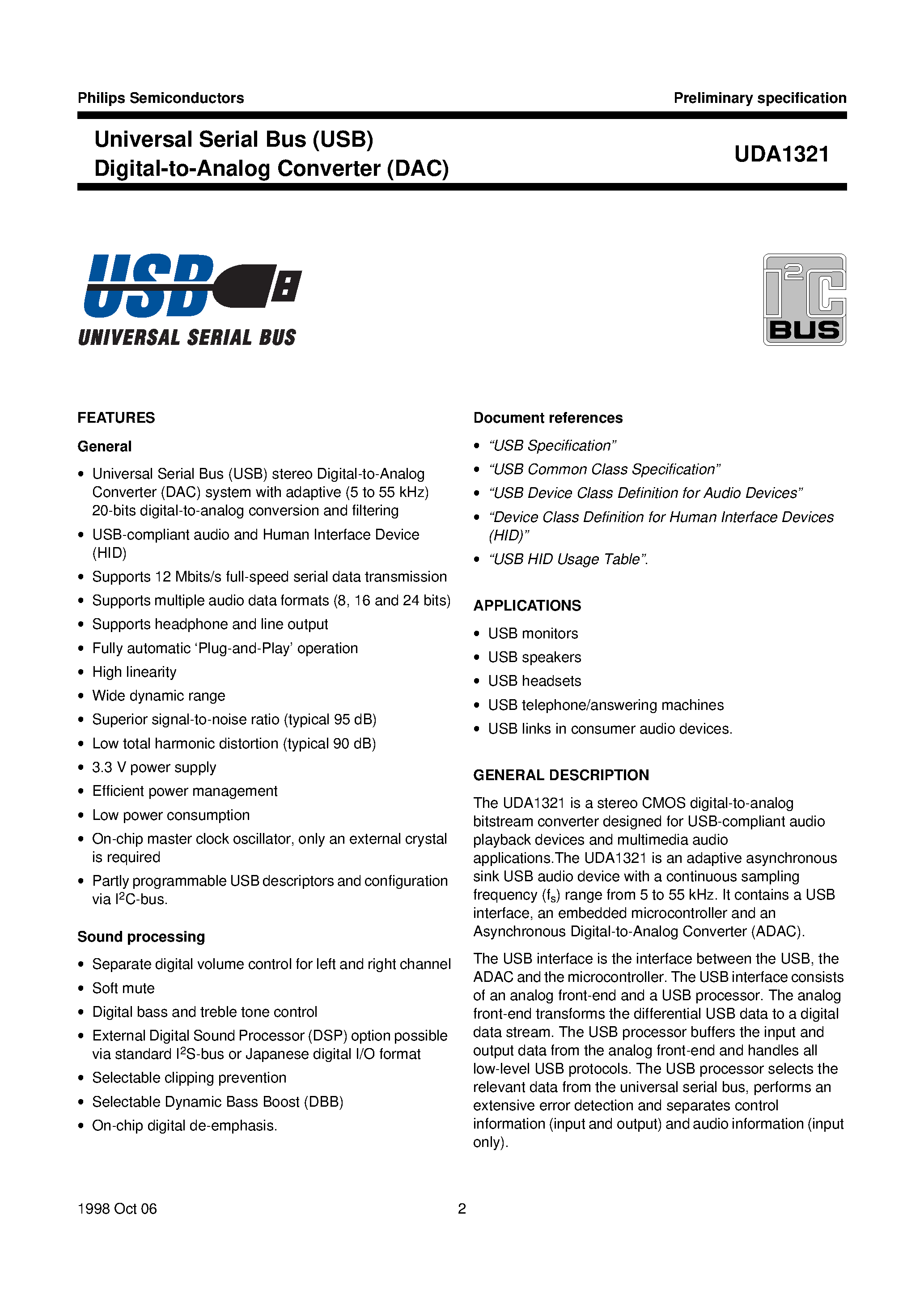 Datasheet UDA1321 - Universal Serial Bus USB Digital-to-Analog Converter DAC page 2