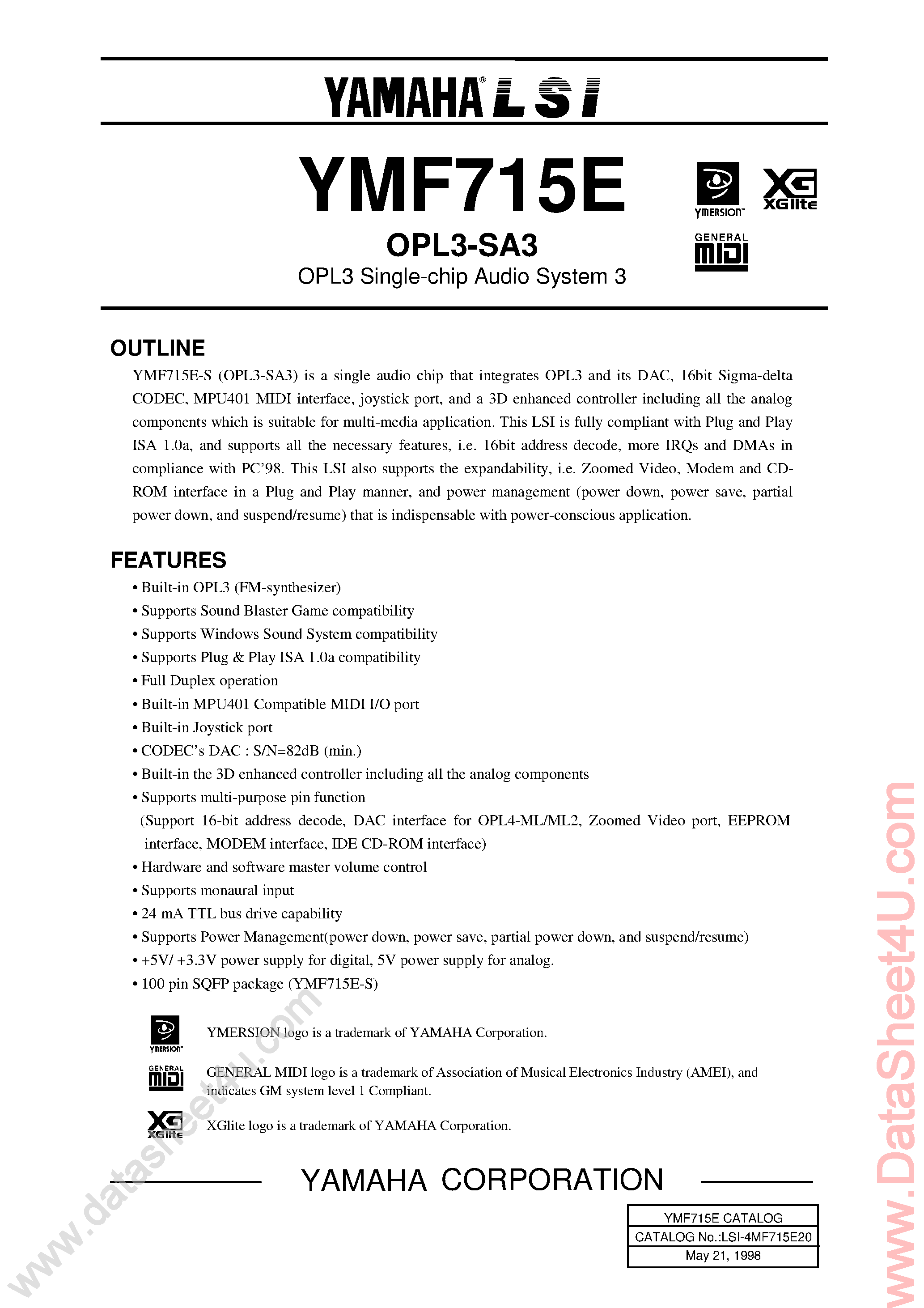 Даташит на микросхему YMF715E страница 1 Даташит YMF715E - OPL3 Single Chip Audio System 3 страница 1
