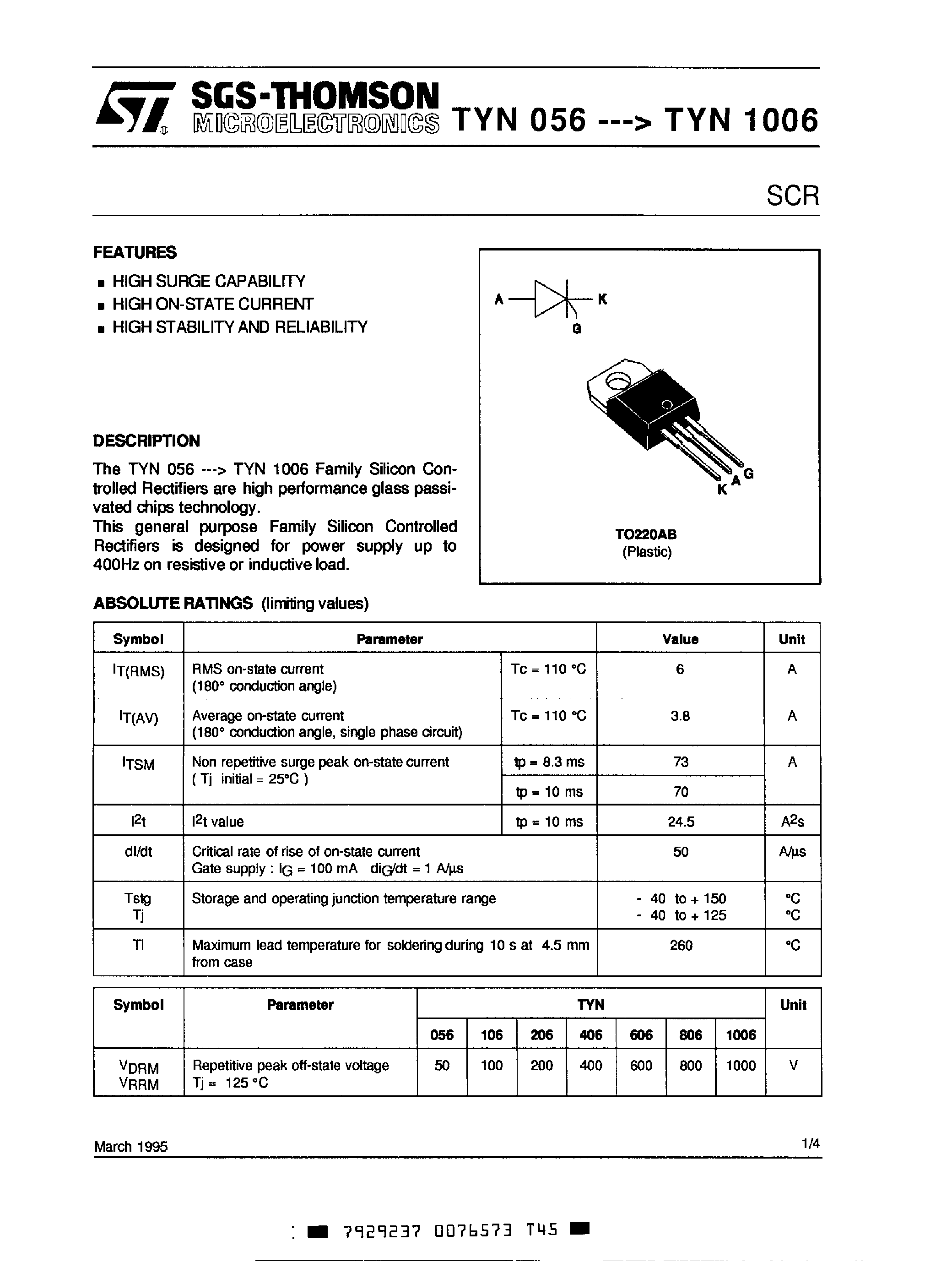 Datasheet TYN406 - SCR page 1