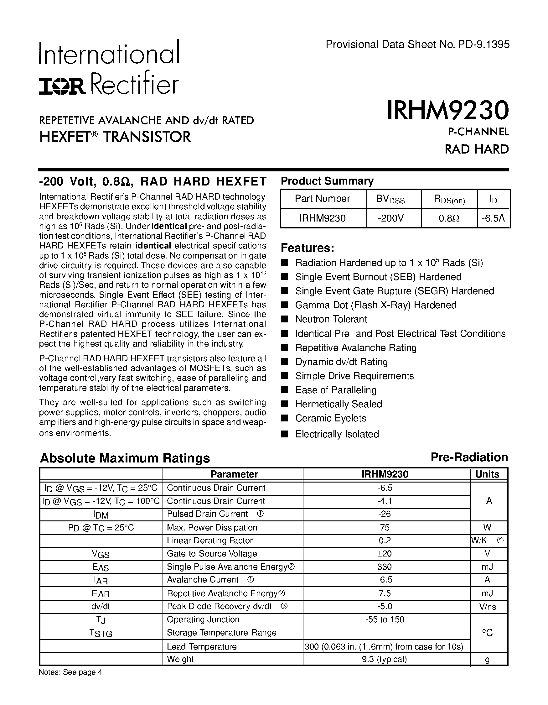 Datasheet IRHM9230 - TRANSISTOR P-CHANNEL page 1