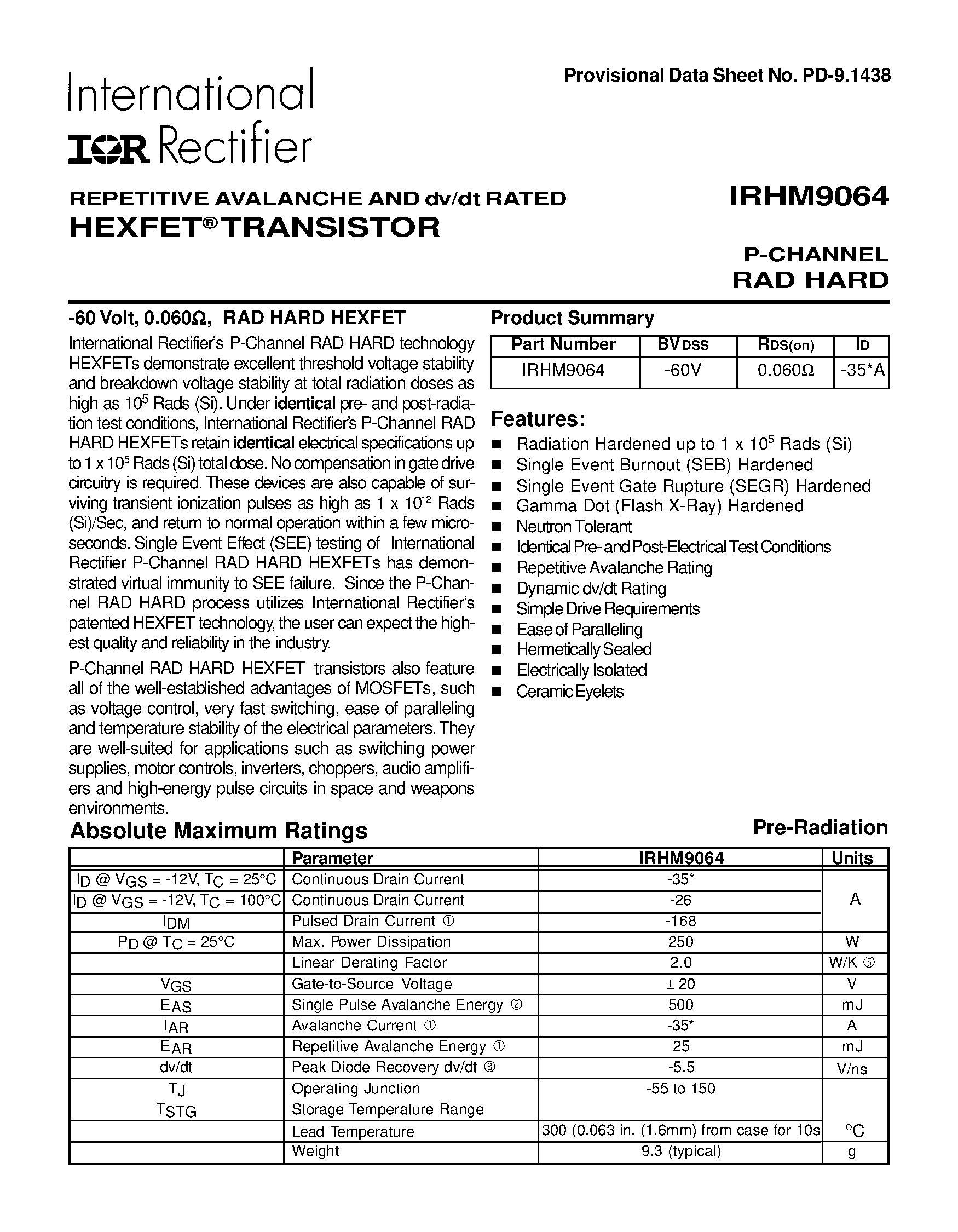 Datasheet IRHM9064 - TRANSISTOR P-CHANNEL page 1