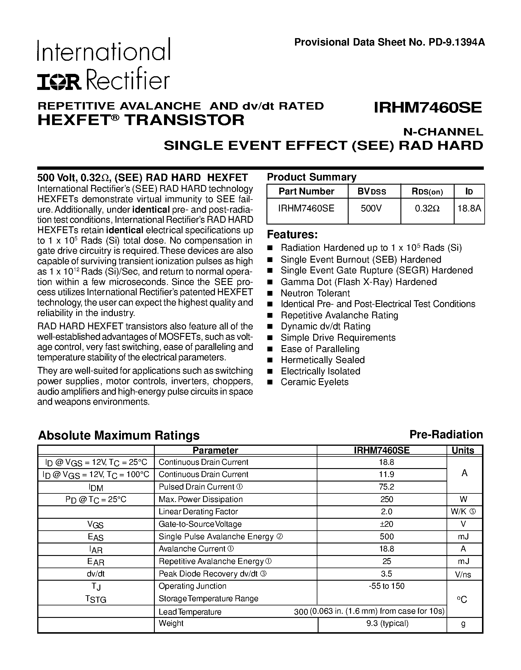 Datasheet IRHM7460SE - TRANSISTOR N-CHANNEL page 1