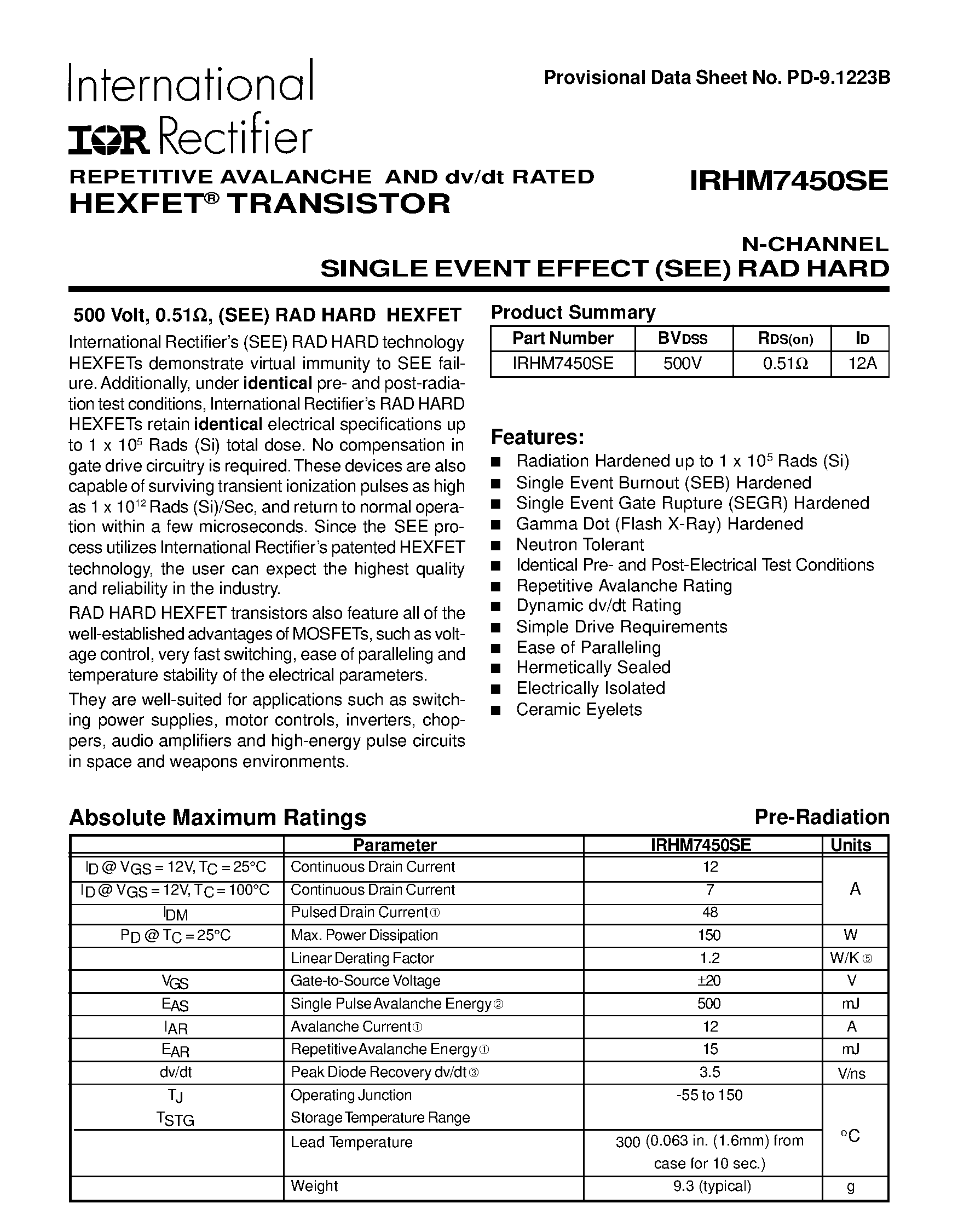 Datasheet IRHM7450SE - TRANSISTOR N-CHANNEL page 1