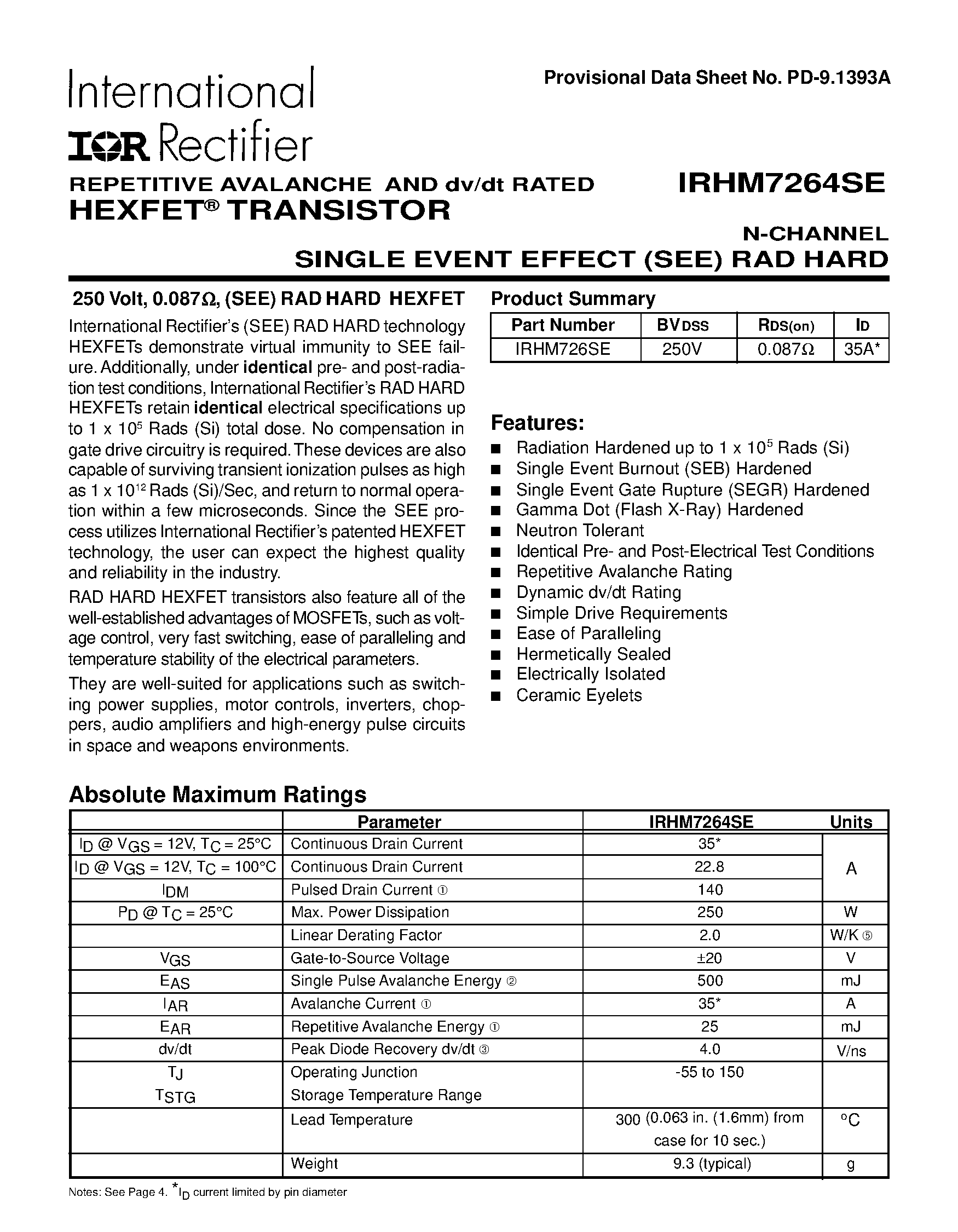 Datasheet IRHM7264SE - TRANSISTOR N-CHANNEL page 1