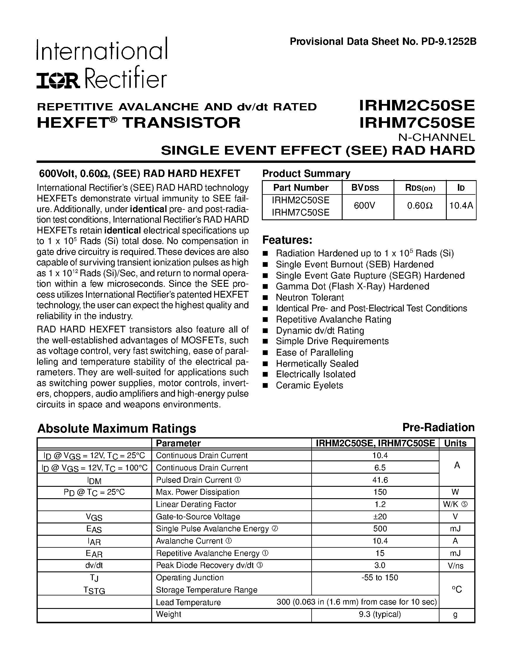 Datasheet IRHM2C50SE - TRANSISTOR N-CHANNEL page 1