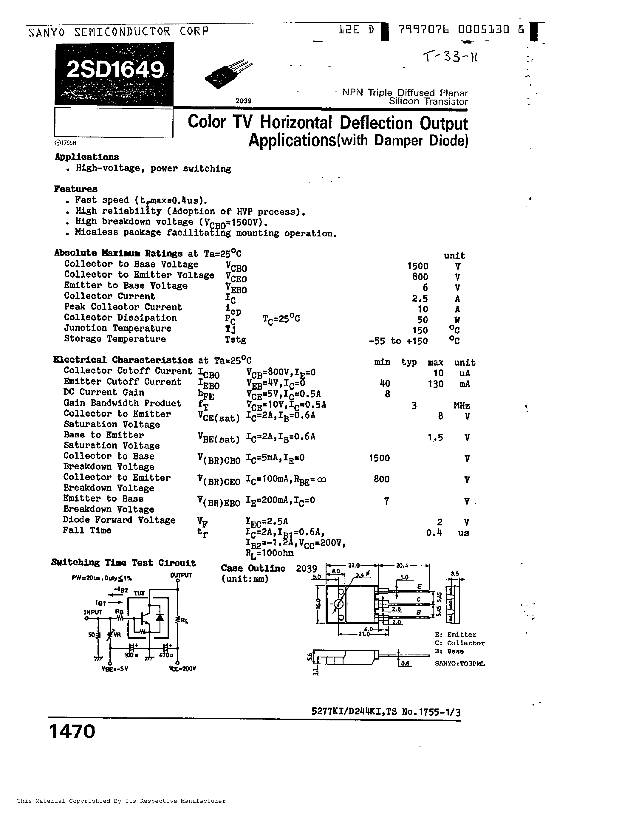 Datasheet 2SD1649 - COLOR TV HORIZONTAL DEFLECTION OUTPUT APPLICATIONS(WITH DAMPER DIODE) page 1