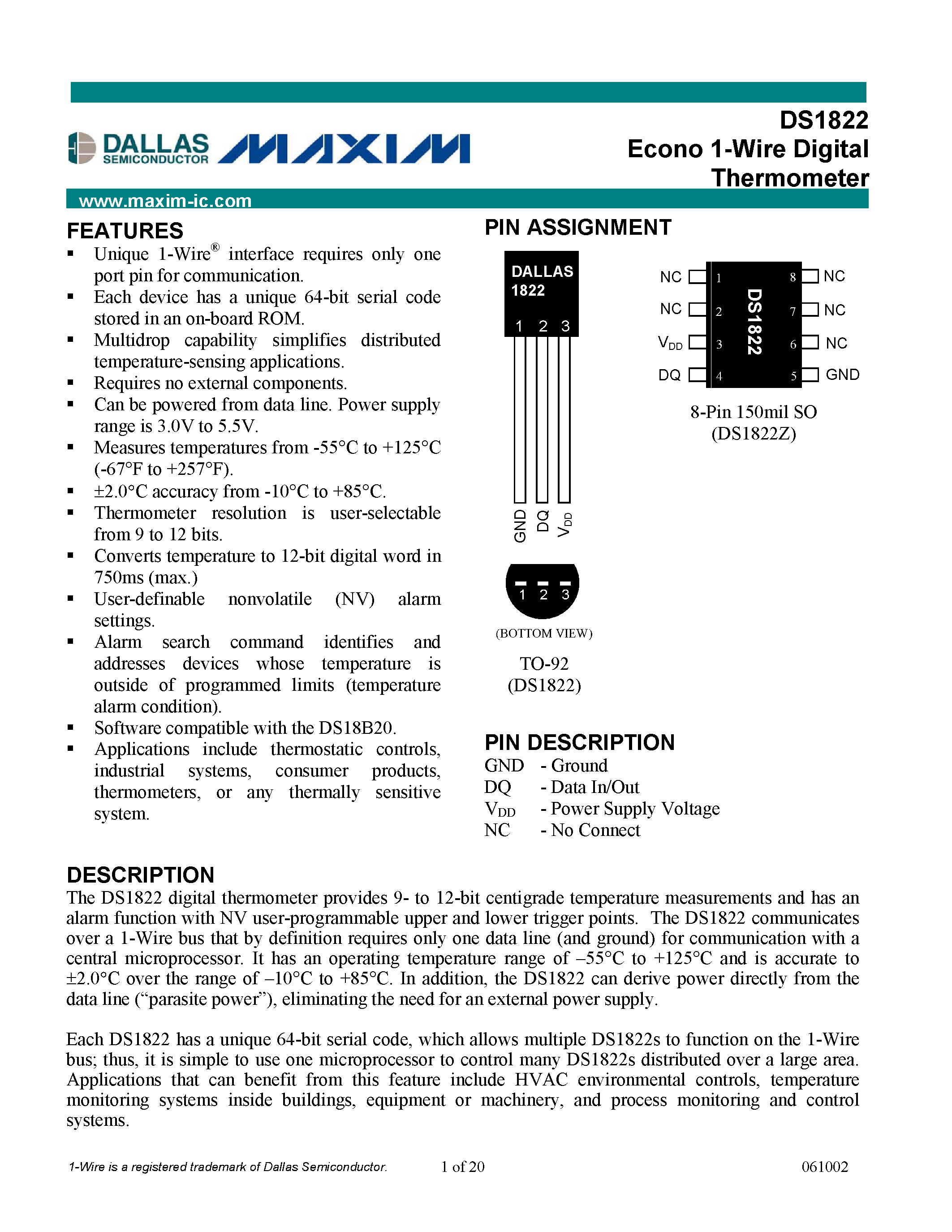 Datasheet DS1822 - Econo 1-Wire Digital Thermometer page 1