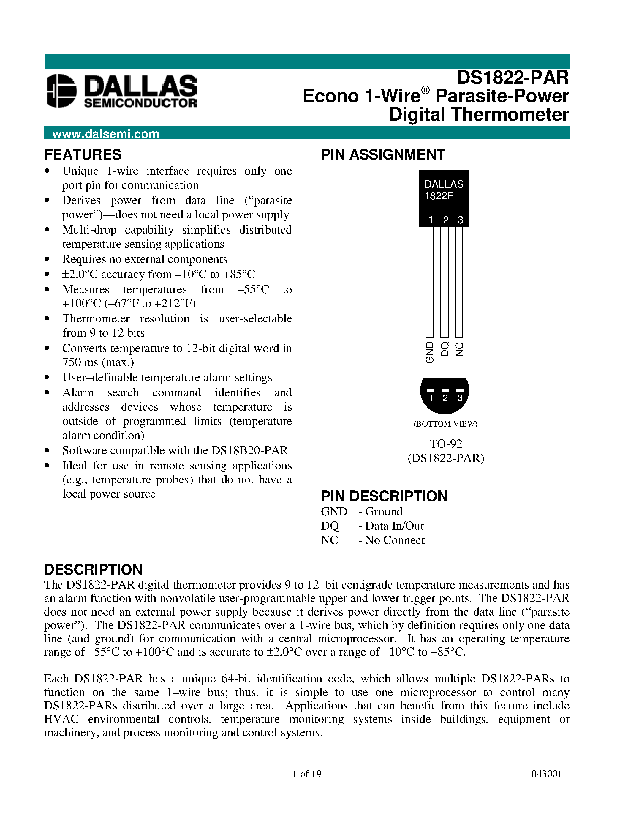 Datasheet DS1822-PAR - Econo 1-Wire Parasite-Power Digital Thermometer page 1