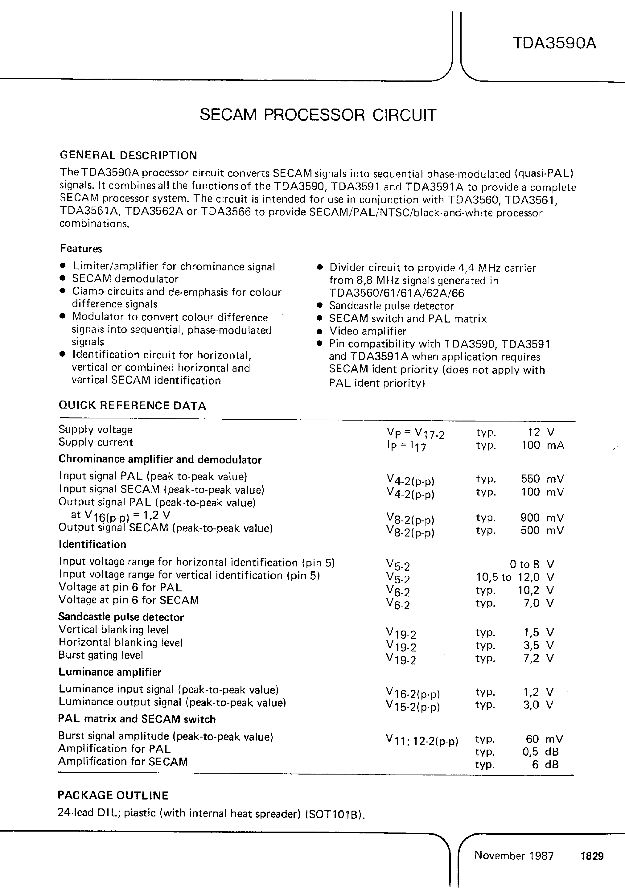 Datasheet TDA3590A page 1 Datasheet TDA3590A - SECAM PROCESSOR CIRCUIT page 1