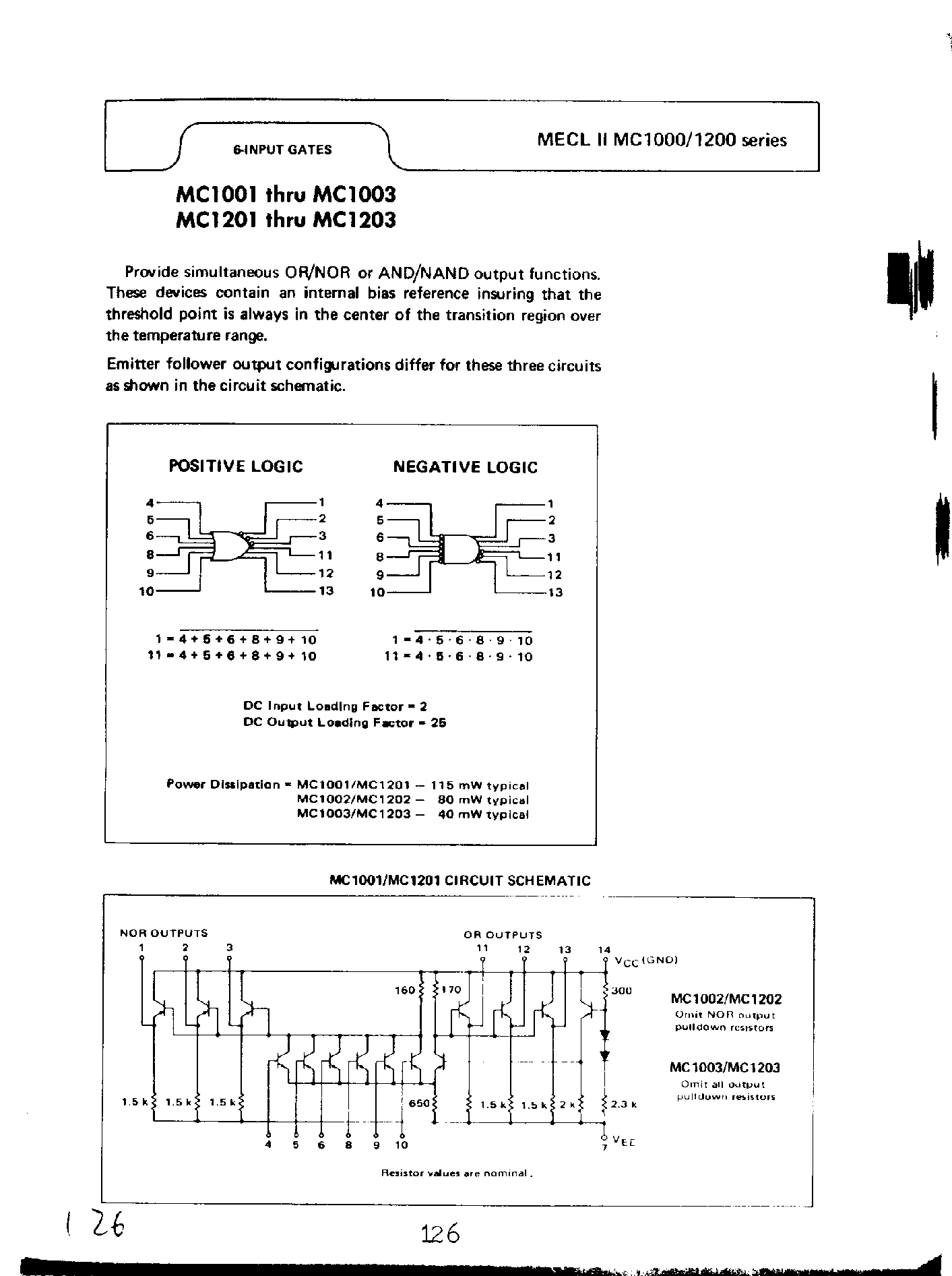 Даташит MC1001 - (MC1002 / MC1003) 6 input Gates страница 1