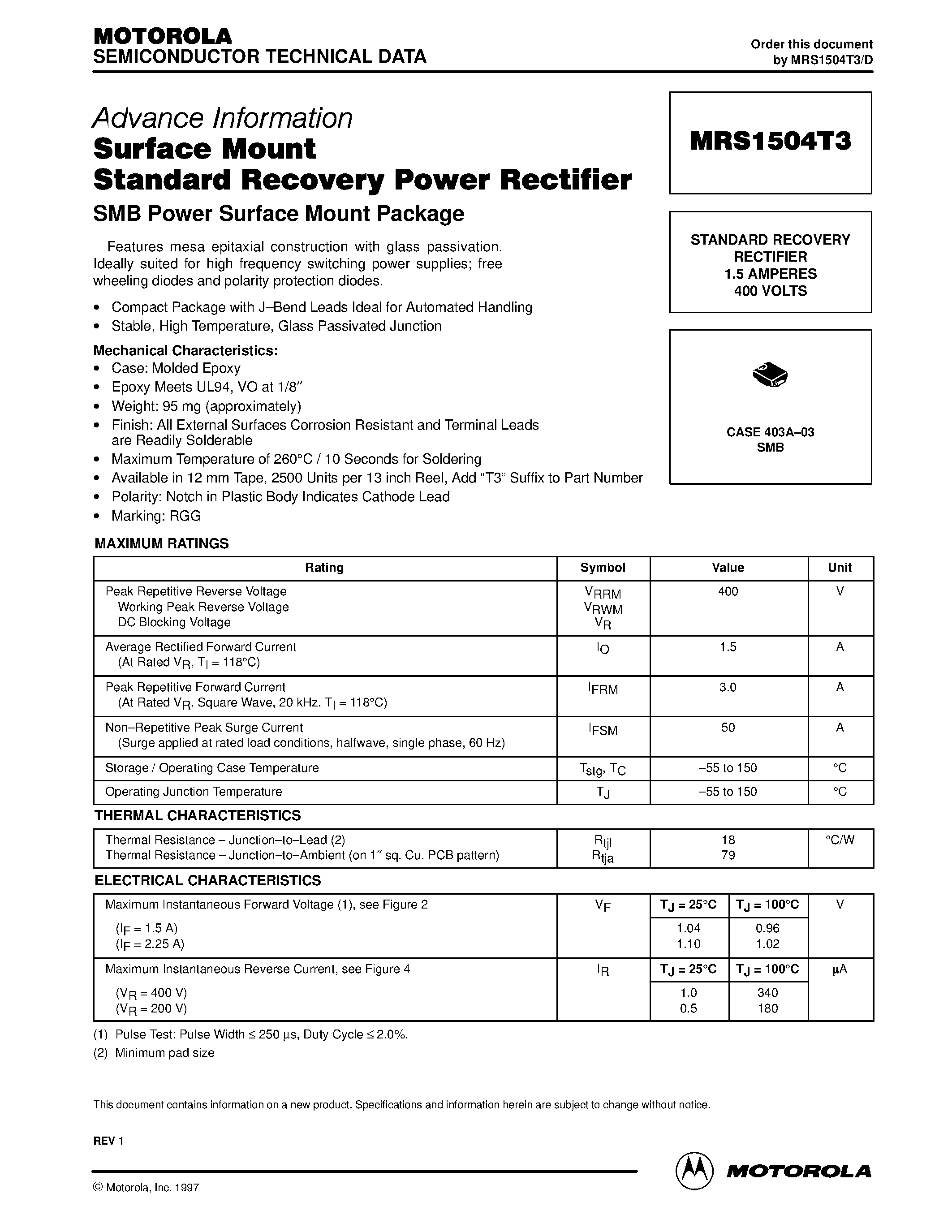 Datasheet MRS1504T3 - STANDARD RECOVERY RECTIFIER 1.5 AMPERES 400 VOLTS page 1