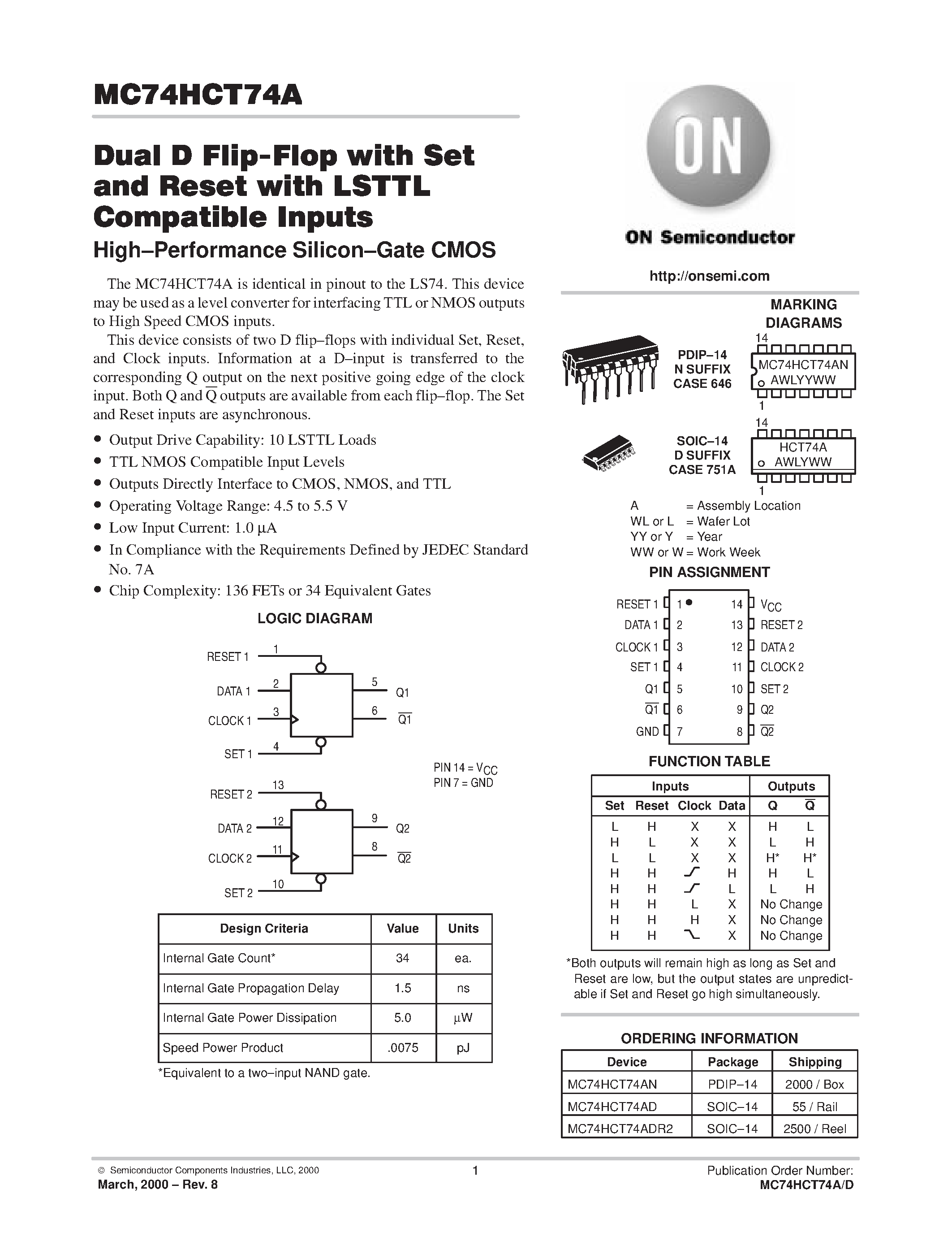 Даташит MC74HCT74A - Dual D Flip-Flop with Set and Reset with LSTTL Compatible Inputs страница 1