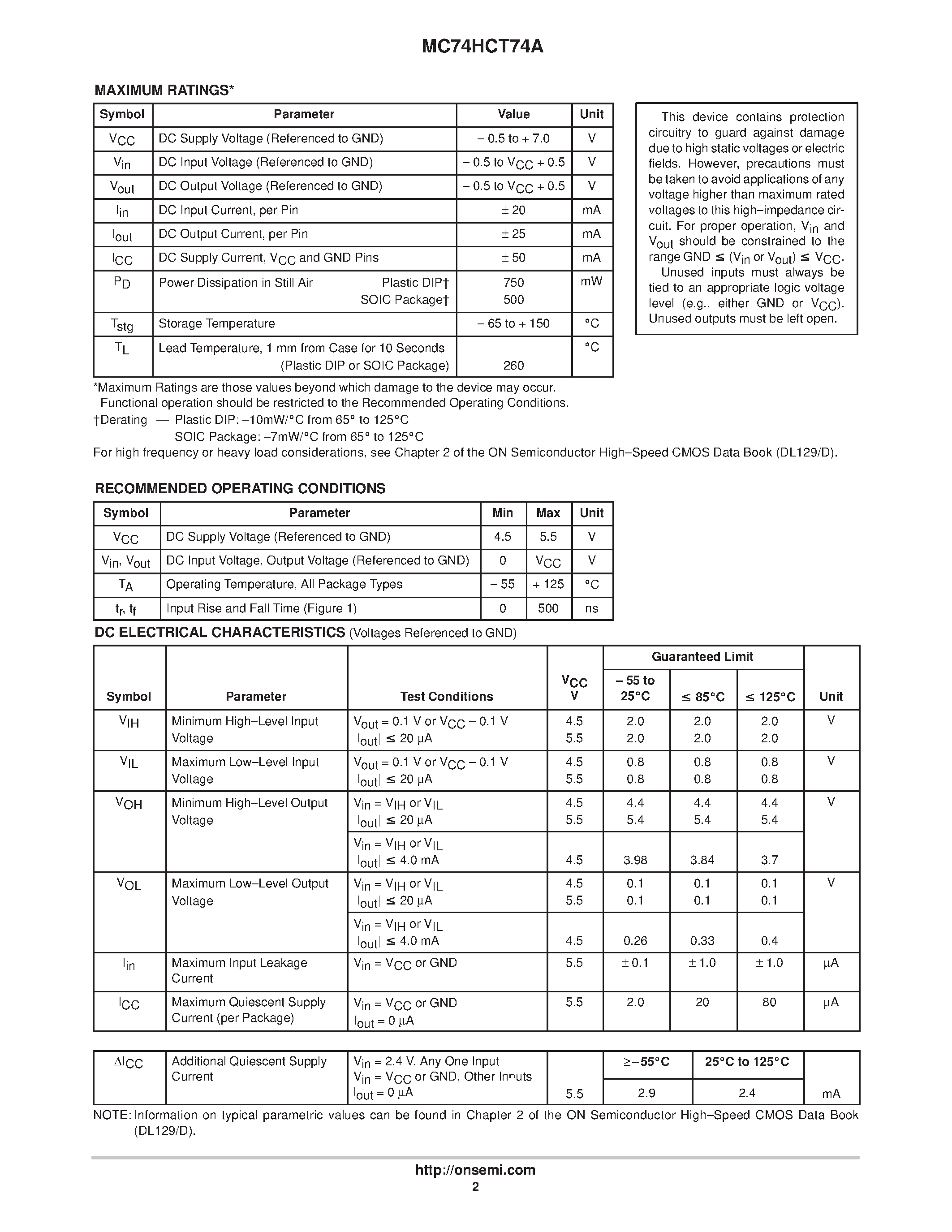 Даташит MC74HCT74A - Dual D Flip-Flop with Set and Reset with LSTTL Compatible Inputs страница 2