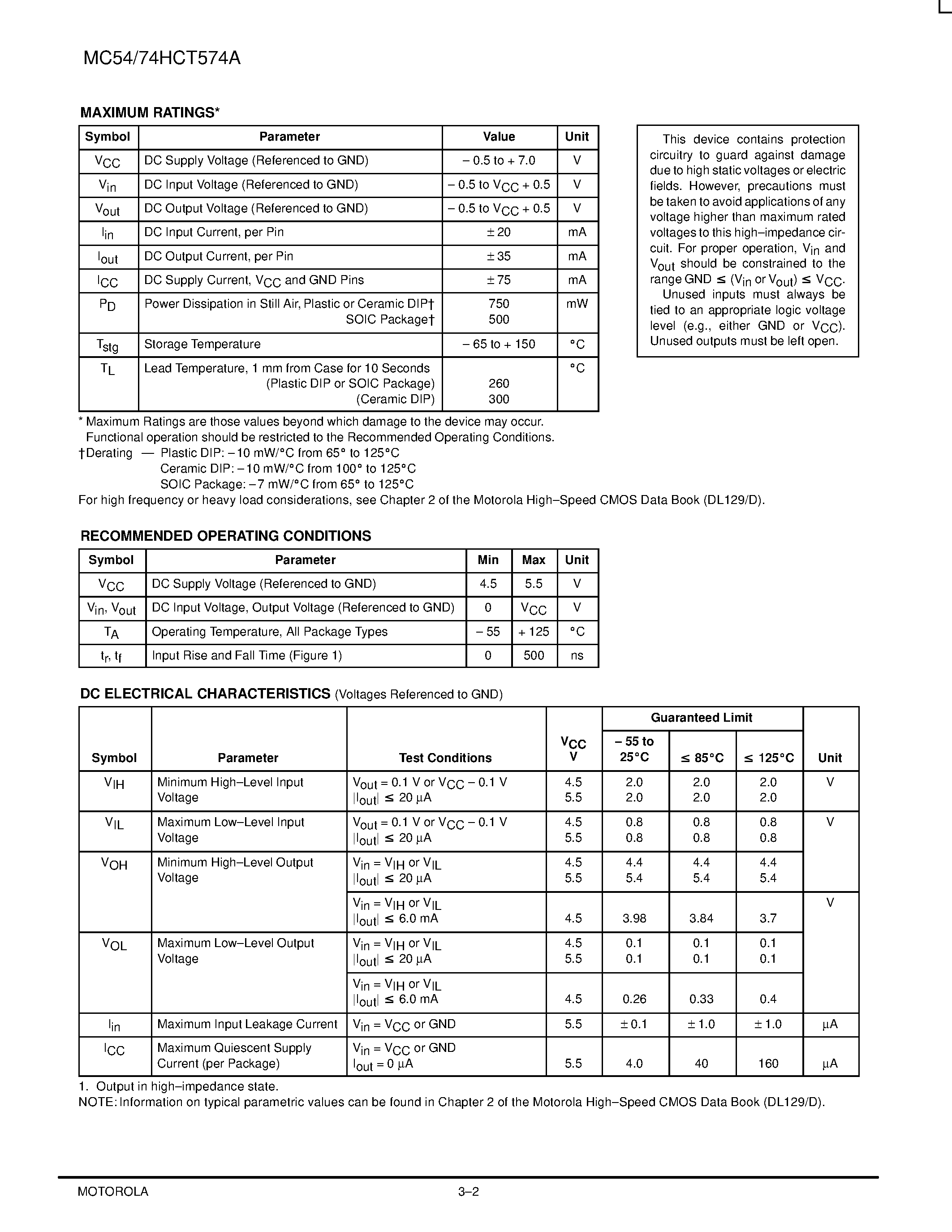 Даташит MC74HCT574A - Octal 3-State Noninverting D Flip-Flop with LSTTL-Compatible Inputs страница 2