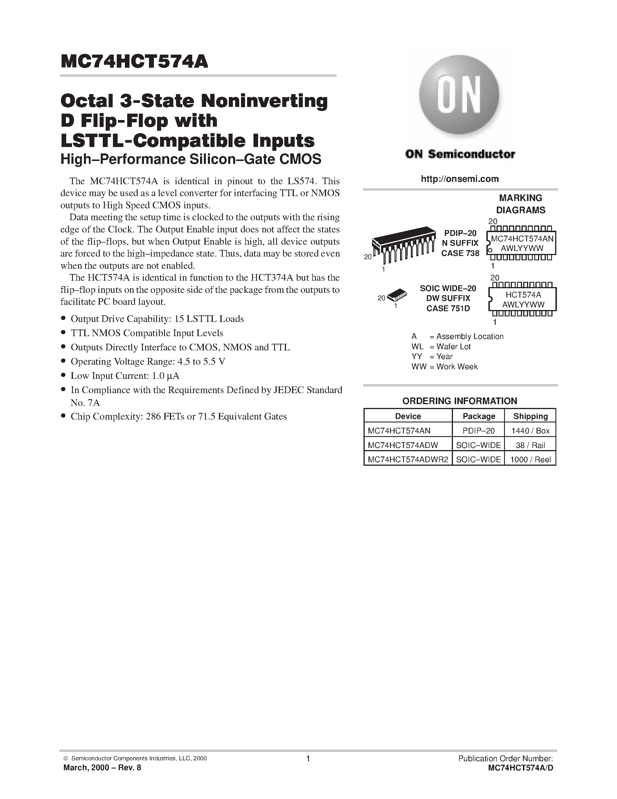 Даташит MC74HCT574A - Octal 3-State Noninverting D Flip-Flop with LSTTL-Compatible Inputs страница 1